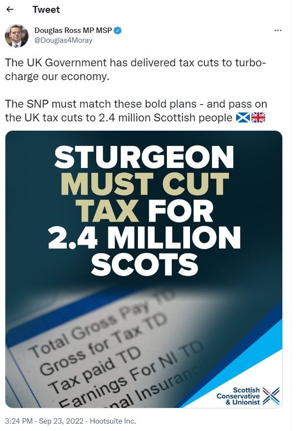 Douglas Ross tweeted his call for the Scottish Government to adopt tax cuts contained in the UK Government's mini-budget.