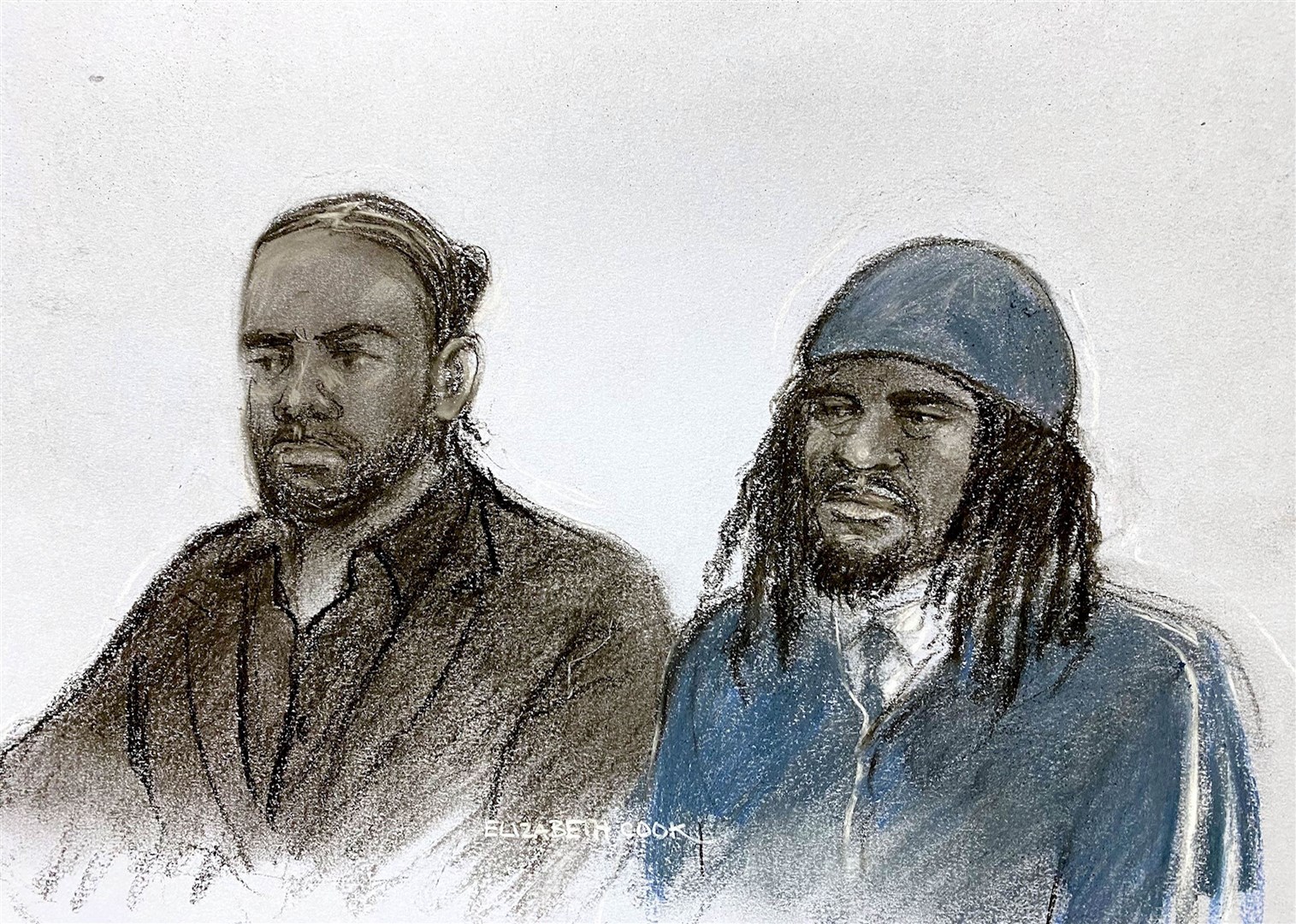 Court sketch of Romario Henry, 31, and Oludewa Okorosobo, 28, appearing at Chelmsford Crown Court (Elizabeth Cook/PA)