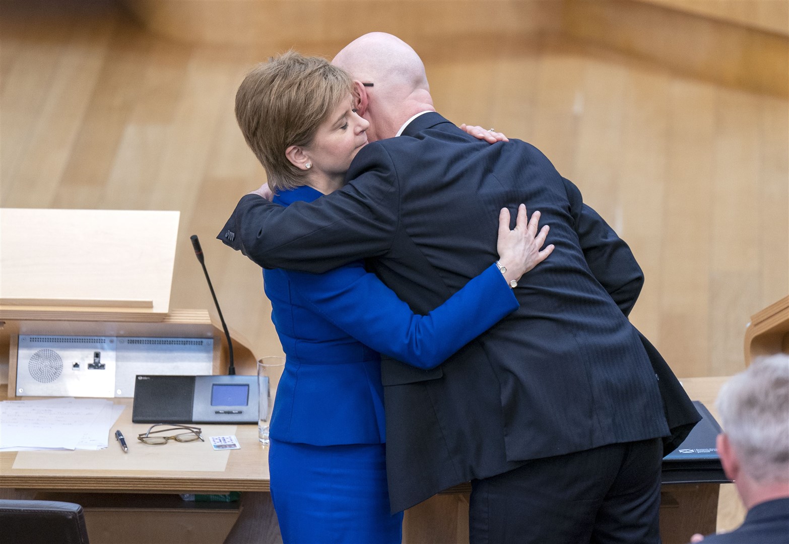 Nicola Sturgeon and John Swinney huge at the former first minister’s last First Minister’s Questions (Jane Barlow/PA)