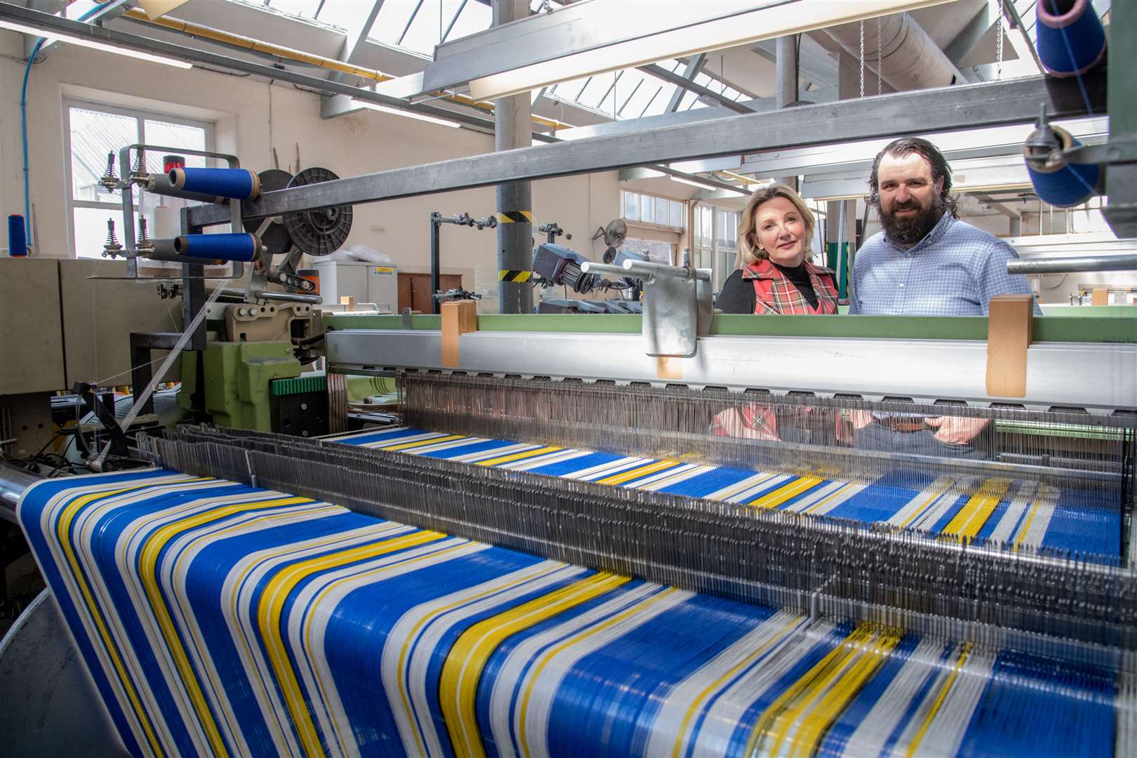 The Ukrainian Tartan produced by Great Scot in Keith in production. Picture: Daniel Forsyth
