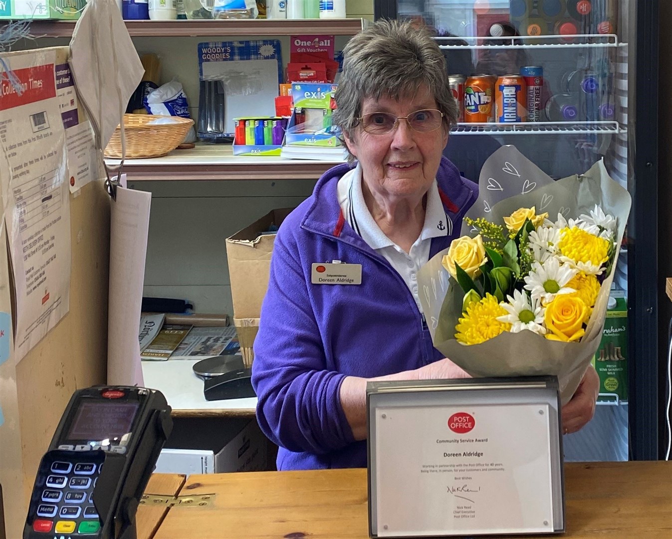Postmistress Doreen Aldridge is celebrating 40 years of work at Archiestown Post Office.
