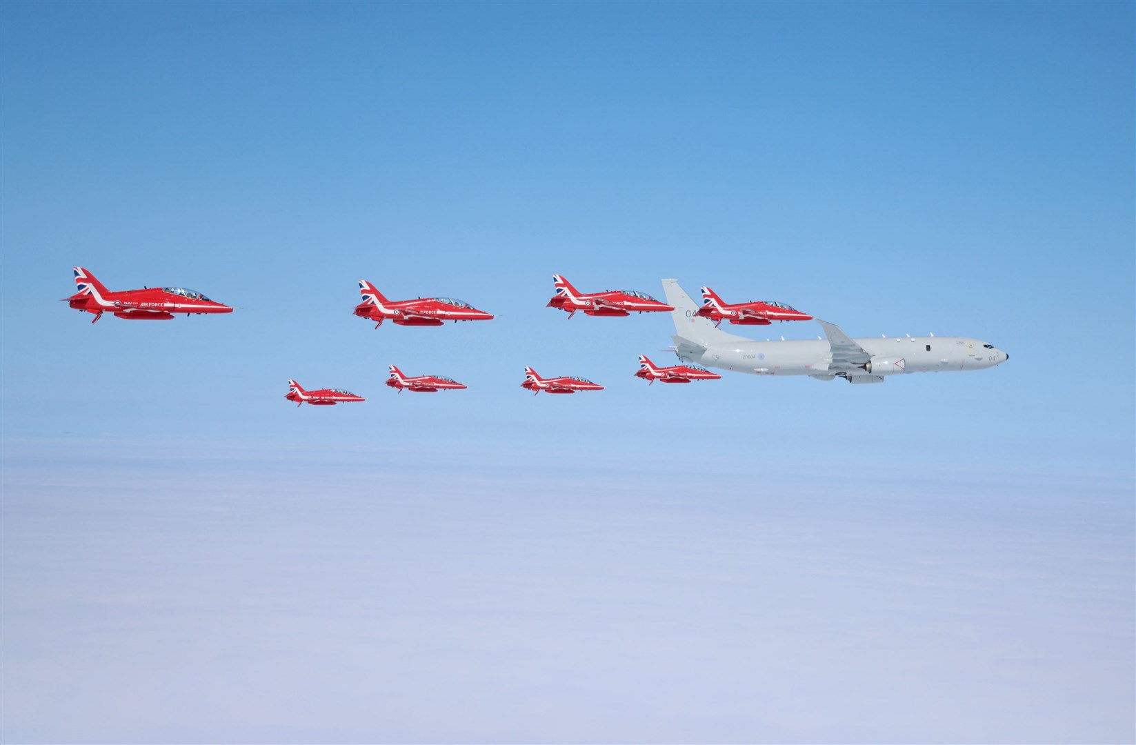 THE Royal Air Force’s new submarine-hunter aircraft flew in formation with the Red Arrows for the first time. Picture: RAF