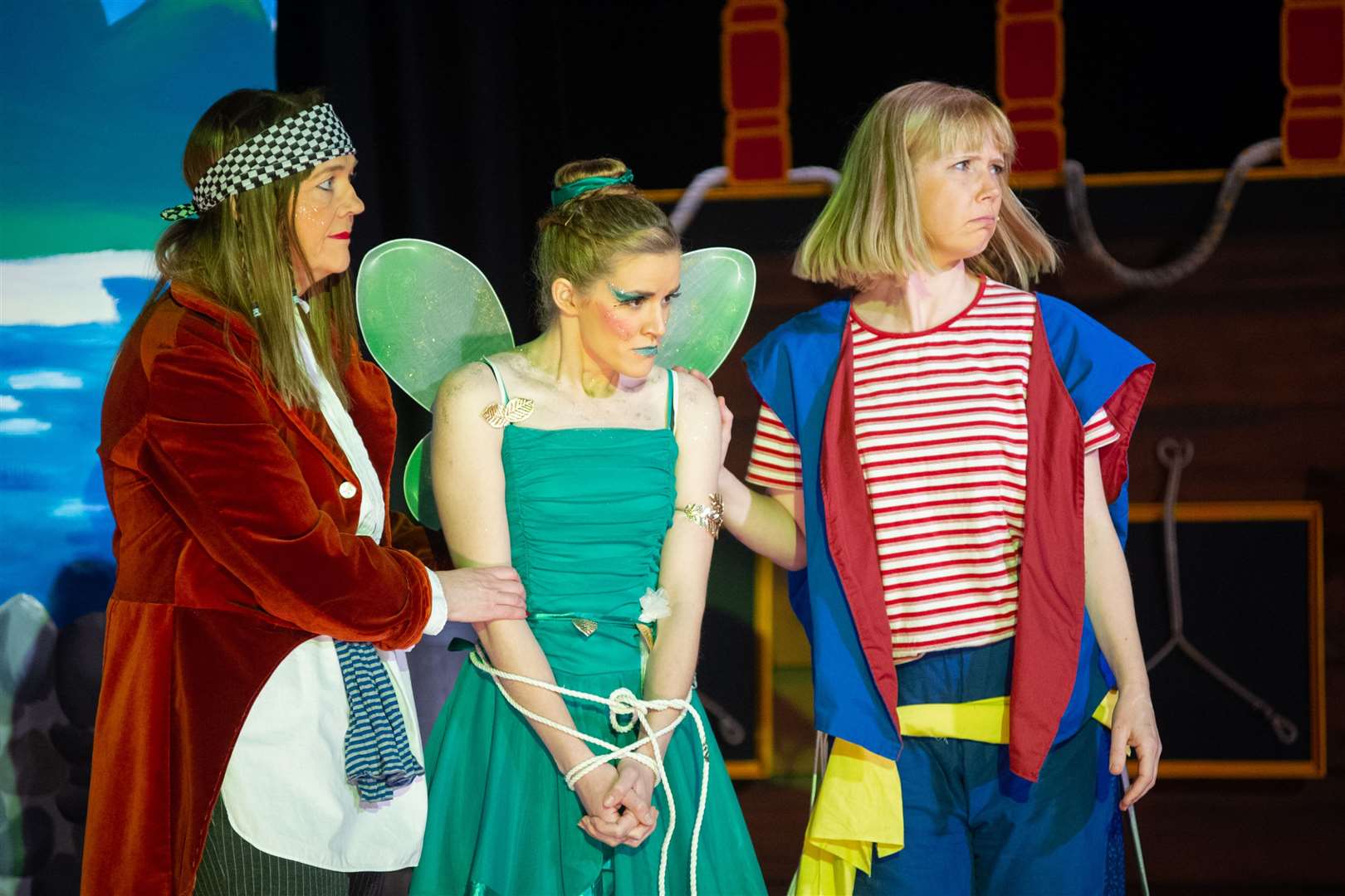 From left; Pirate (Janice Hyndman), Tinkerbell (Katy Rodway-Swanson) and Smee (Naomi Bunyan) after Tinkerbell's capture...Elgin Amateur Dramatic Society's 2021 Pantomine 'Peter Pan', held at Elgin Town Hall...Picture: Daniel Forsyth..