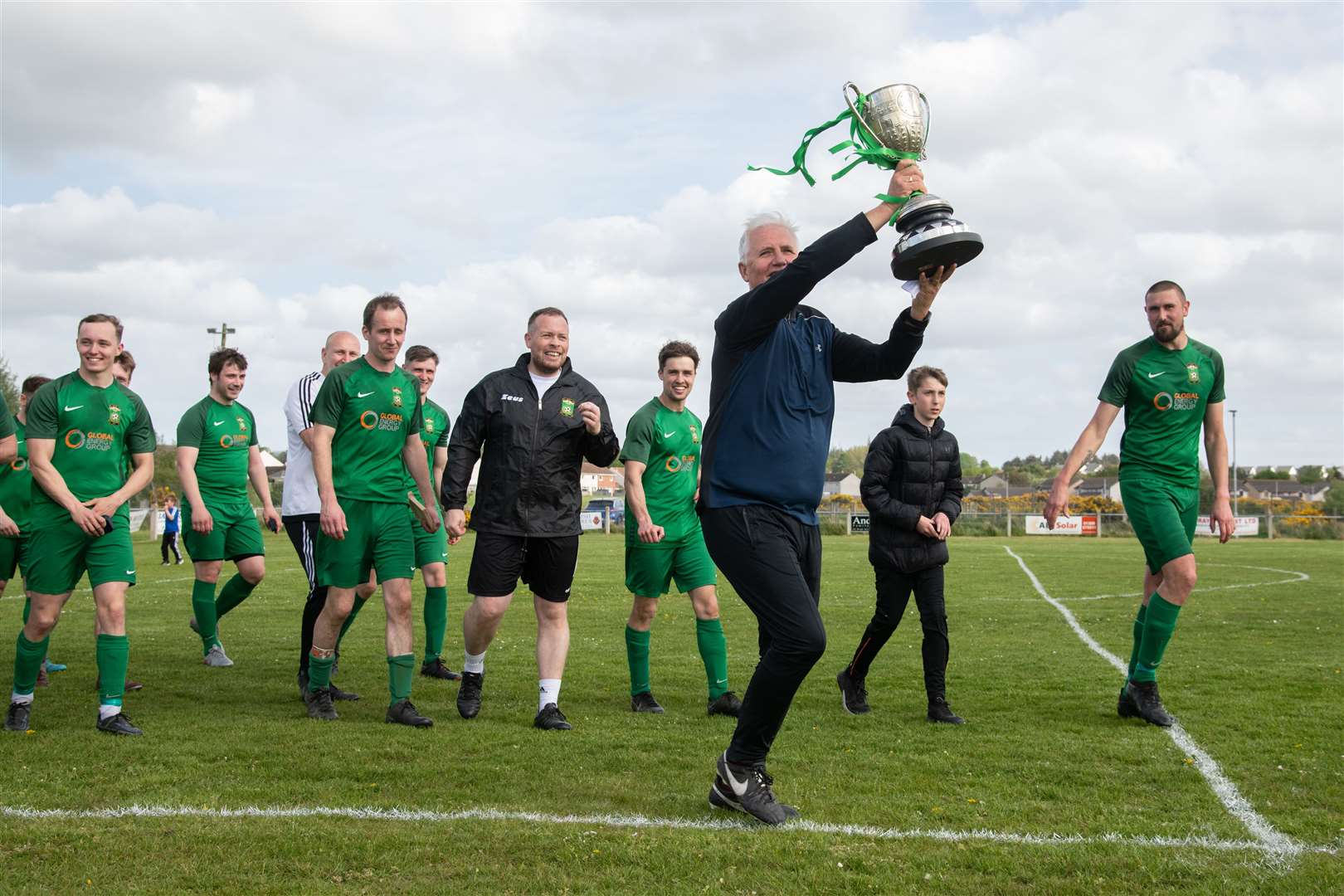 Dufftown manager Jim Stables celebrates...Dufftown FC (2) vs Forres Thistle FC (2) - Dufftown FC win 5-3 on penalties - Elginshire Cup Final held at Logie Park, Forres 14/05/2022...Picture: Daniel Forsyth..