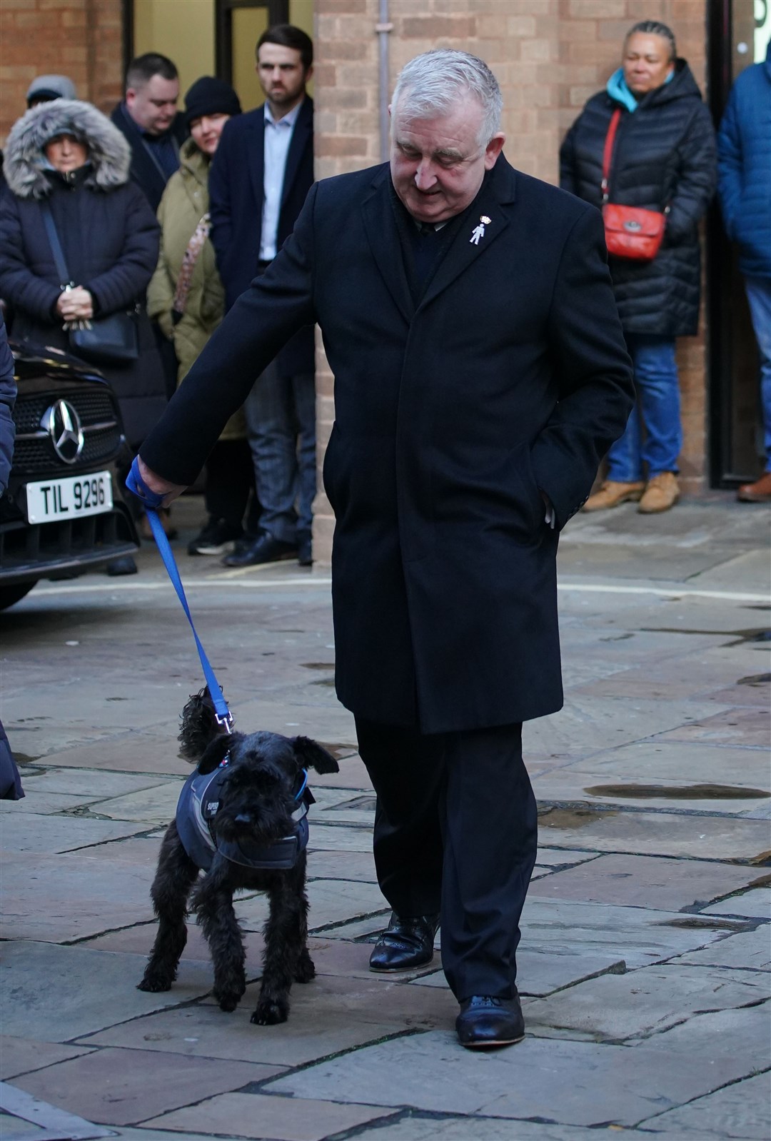 Brookside actor Dean Sullivan’s dog, Billy the Schnauzer, is taken into his funeral (Peter Byrne/PA)
