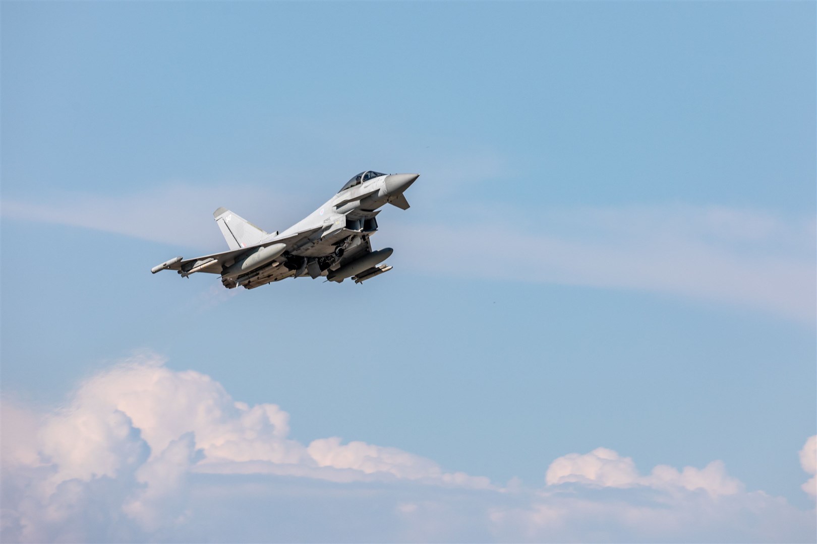 An armed RAF Typhoon taking off from Mihail Kogalniceanu Air Base in Romania as part of Operation BILOXI.