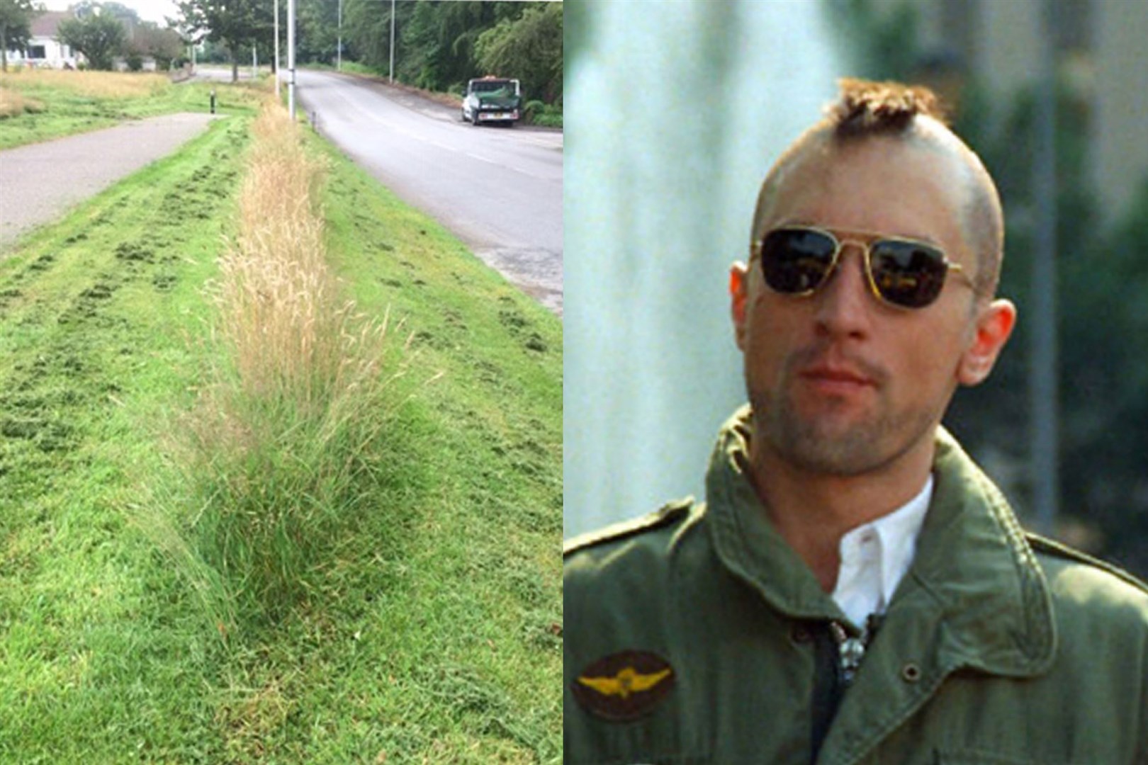 On the left, the grass verge on Elgin's Morriston Road. On the right, Robert De Niro in Taxi Driver.