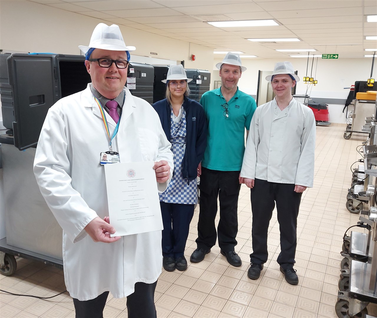 (Left to right) Ruaraidh McKinnon, Caitlin Angus (cook), Steven Tait (team leader), and Bradley Gillespie (cook) in the production kitchen at Royal Cornhill Hospital.