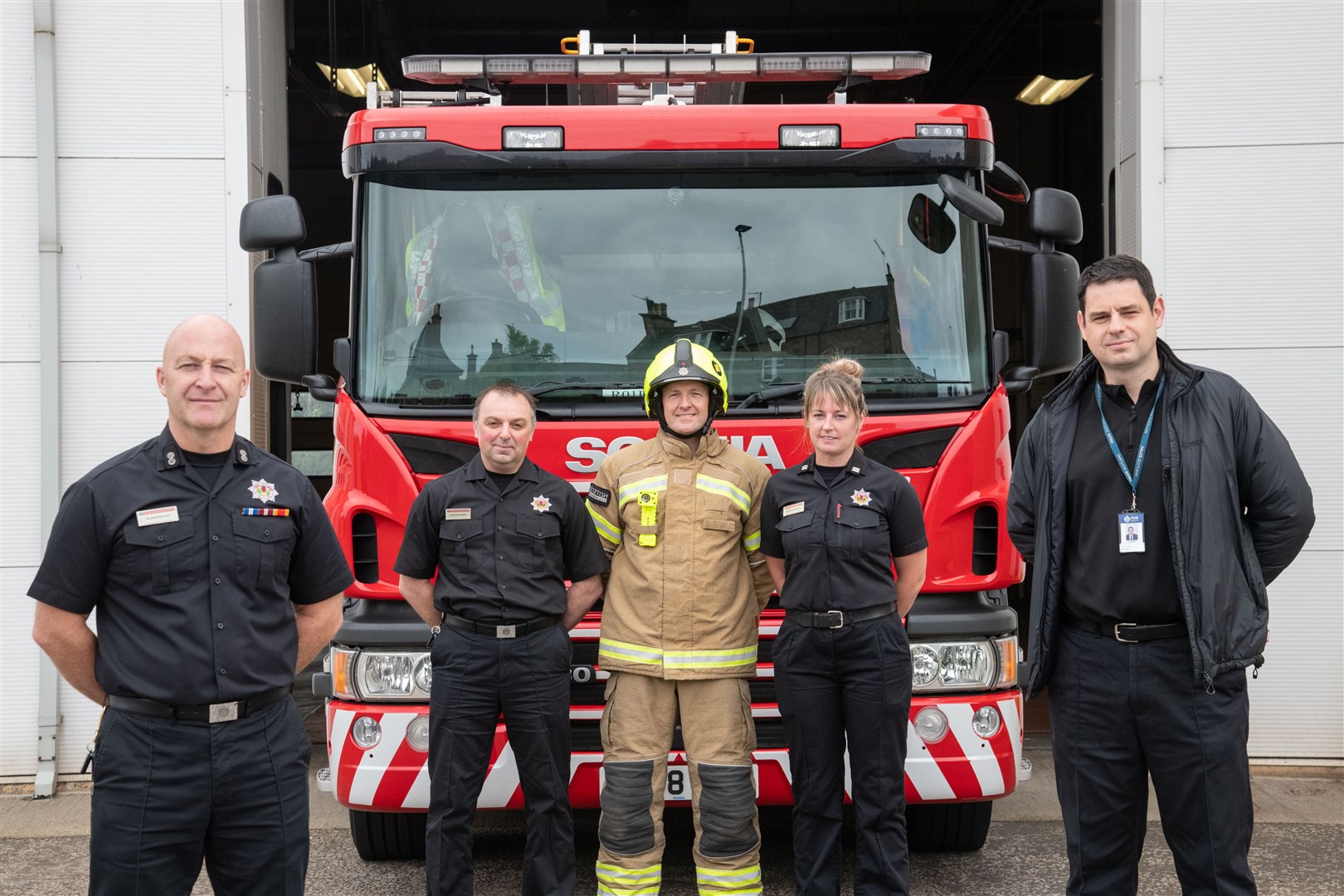 From left; Alan Weston (Watch Commander), Gordon McNeil (Prevention and Protection), Andy Bentley (Firefighter), Nicolle Beattie (Crew Manager) and Richard Russell (Police Scotland)...The Scottish Fire and Rescue Service along with Police Scotland are looking to crack down on the amount of deliberate fires in Elgin...Picture: Daniel Forsyth..