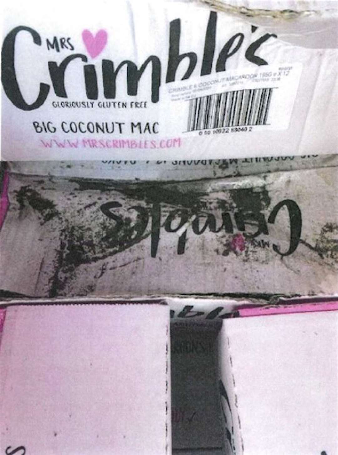Damaged boxes of Mrs Crimble’s macaroons that were on the lorry of Christopher Kennedy on October 18 2019 (Essex Police/PA)