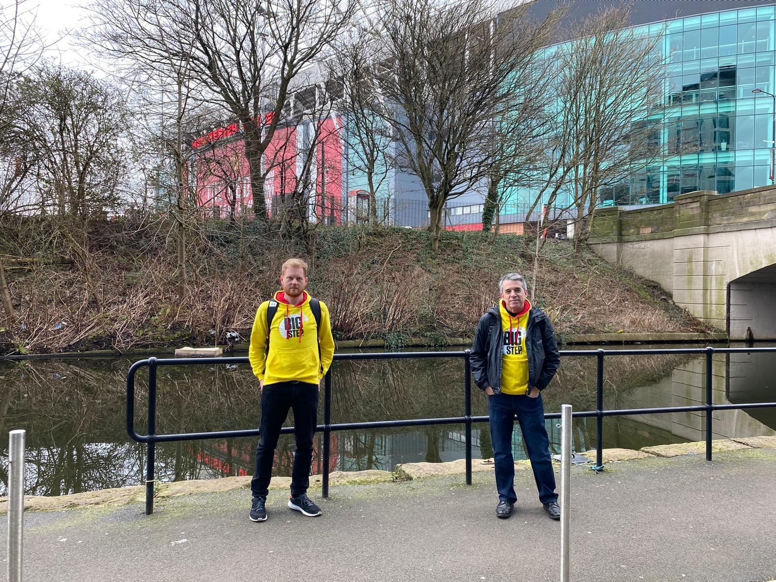 James Grimes (left) with Labour MP Jeff Smith on a walk to Old Trafford in 2021 (The Big Step/PA)