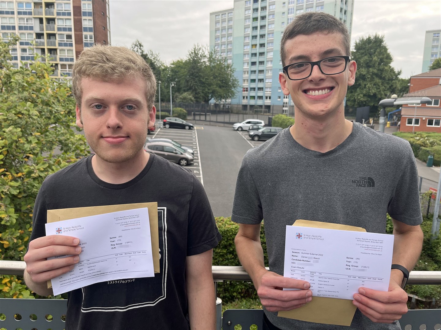 Twins Thomas (left) and Daniel Beechboth from Bedminster, Bristol, celebrated their A* A-level results at St Mary Redcliffe and Temple School in Bristol (Rod Minchin/PA)