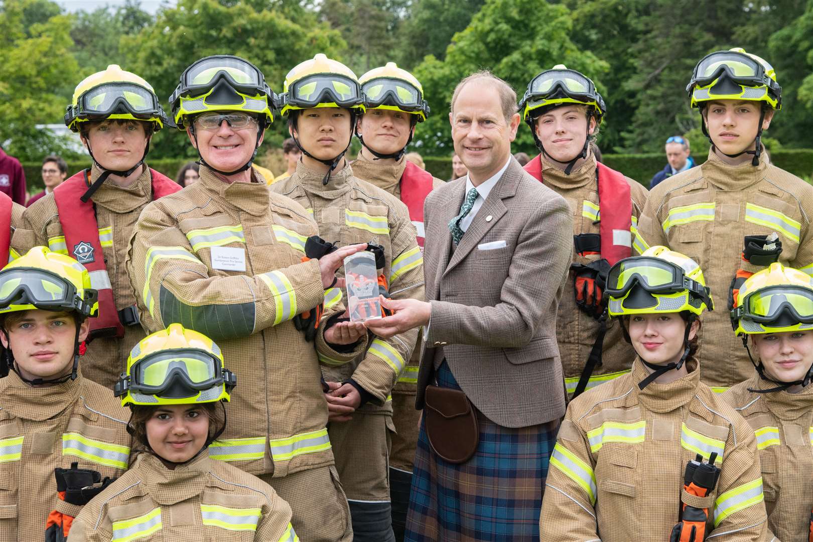 The Earl of Forfar presents Dr Robert Griffiths, Gordon Fire Service Commander, with the Queen's Award for Voluntary Service...Prince Edward and Sophie, known as the Earl and Countess of Forfar when visiting Scotland, spend time at Gordonstoun School during their visit to Moray...Picture: Daniel Forsyth..