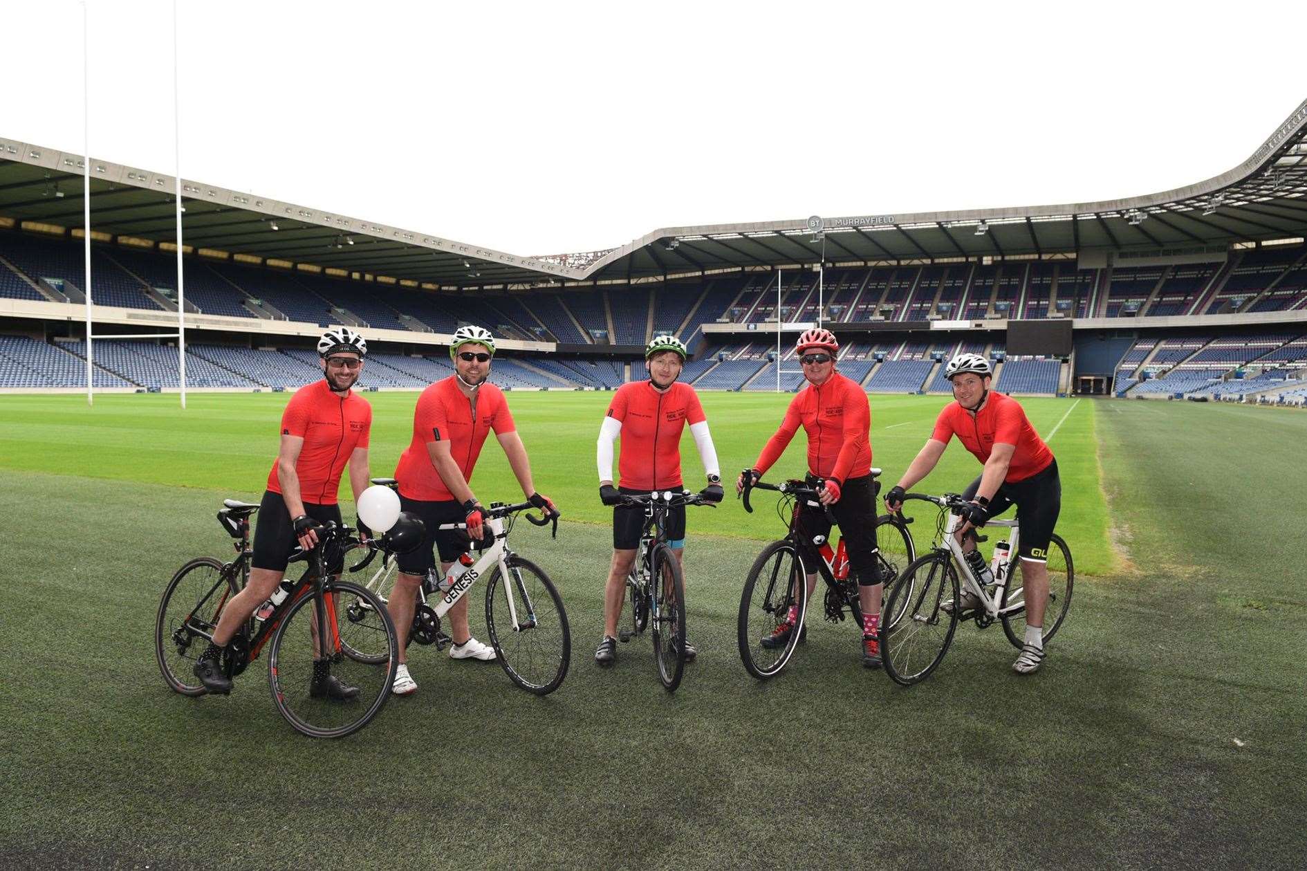 Five of the seven cyclists who took part in the charity run to Murrayfield. Picture: Jack Johnston