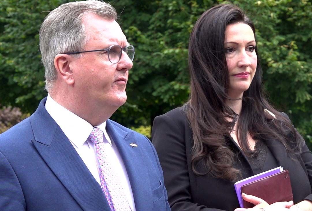 DUP leader Sir Jeffrey Donaldson and MLA Emma Little-Pengelly speaking to the media at Stormont Castle (Jonathan McCambridge/PA)