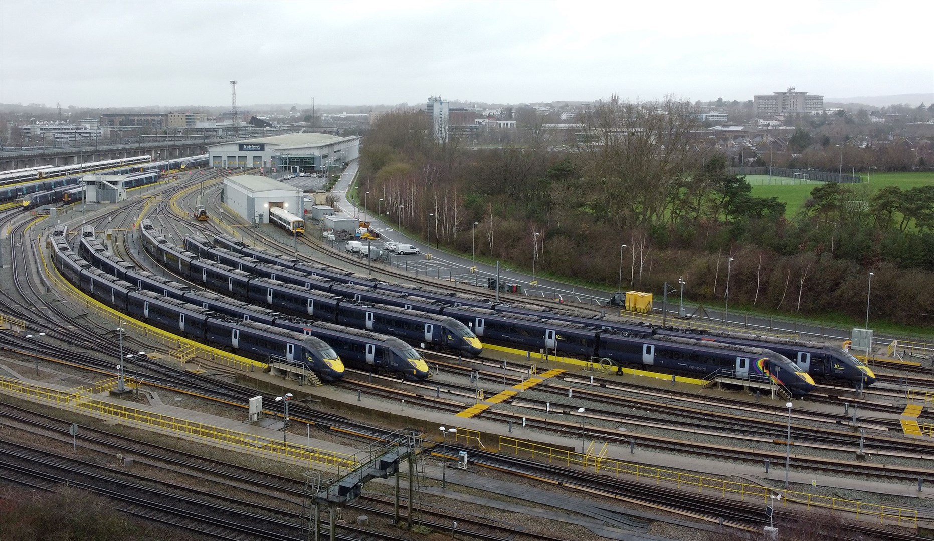 Southeastern Railway high speed trains in sidings at Ashford International Station in Kent (Gareth Fuller/PA)