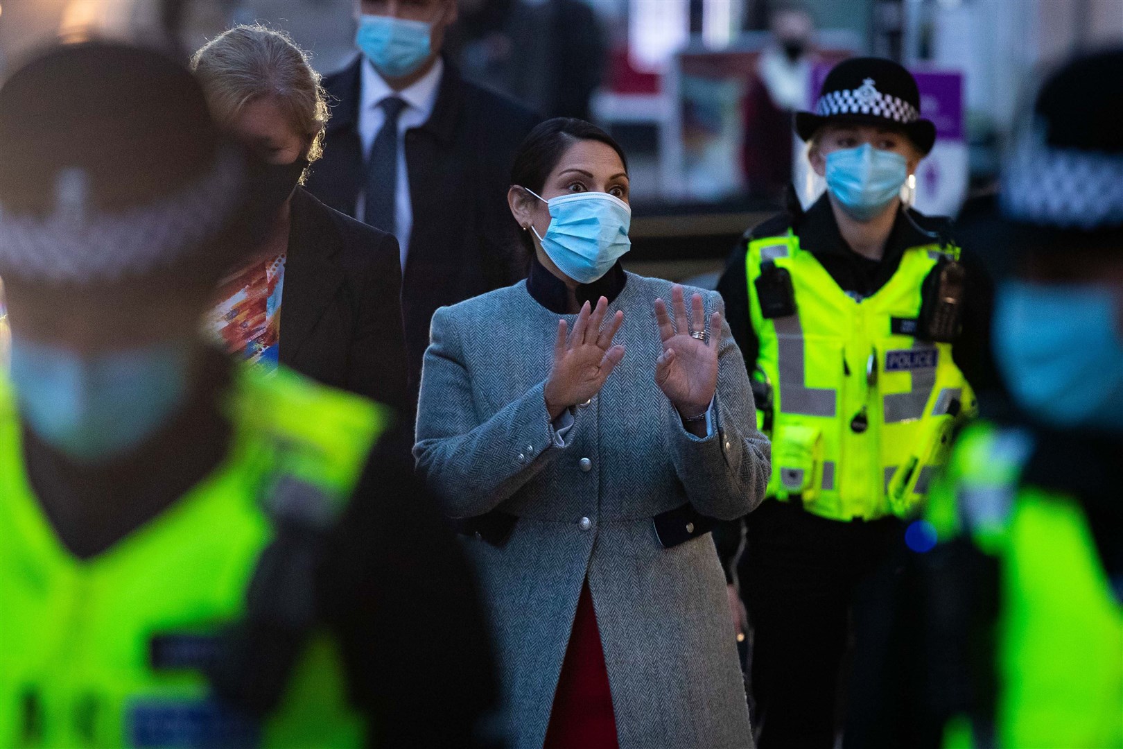 Home Secretary Priti Patel during a foot patrol with new police recruits (Aaron Chown/PA)