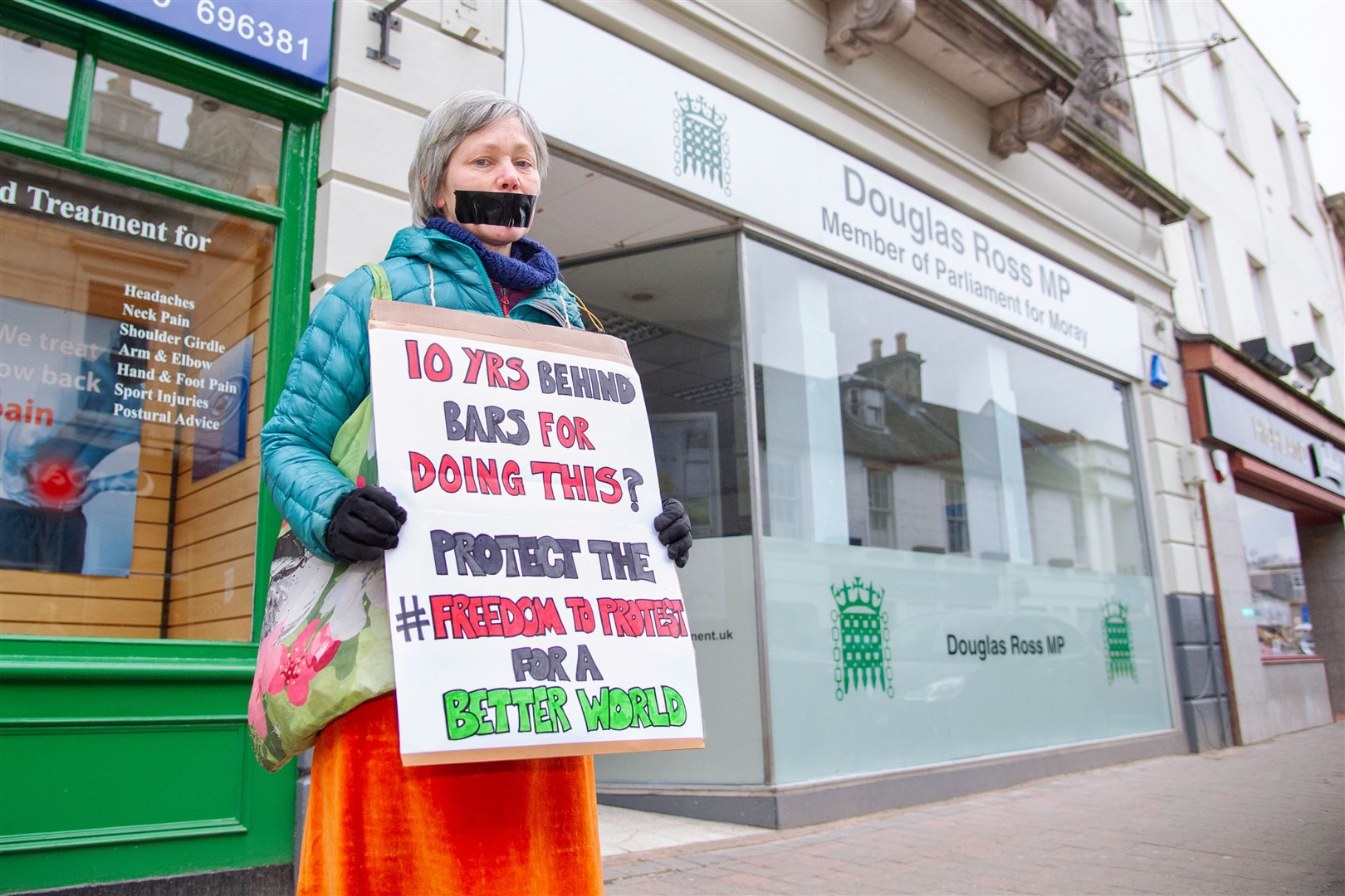 Activists gather on Forres High Street - around Moray MP Douglas Ross' office - to oppose the introduction of a new policing Bill, which would see changes to the law on protesting and protesters...Picture: Daniel Forsyth..