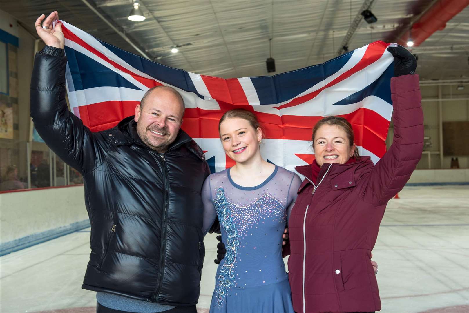 Ruby Boyd with Moray Figure Skating Club coaches Graeme Summers-Campbell and Sue Summers-Farrell getting ready for the British Championships this week. Photo: Helen Crowley