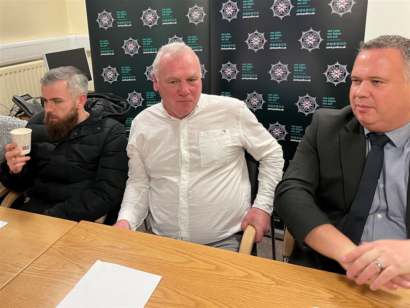 Members of murder victim Natalie McNally’s family (left to right) brother Niall McNally, uncle John McStravick and Detective Chief Inspector John Caldwell (Jonathan McCambridge)