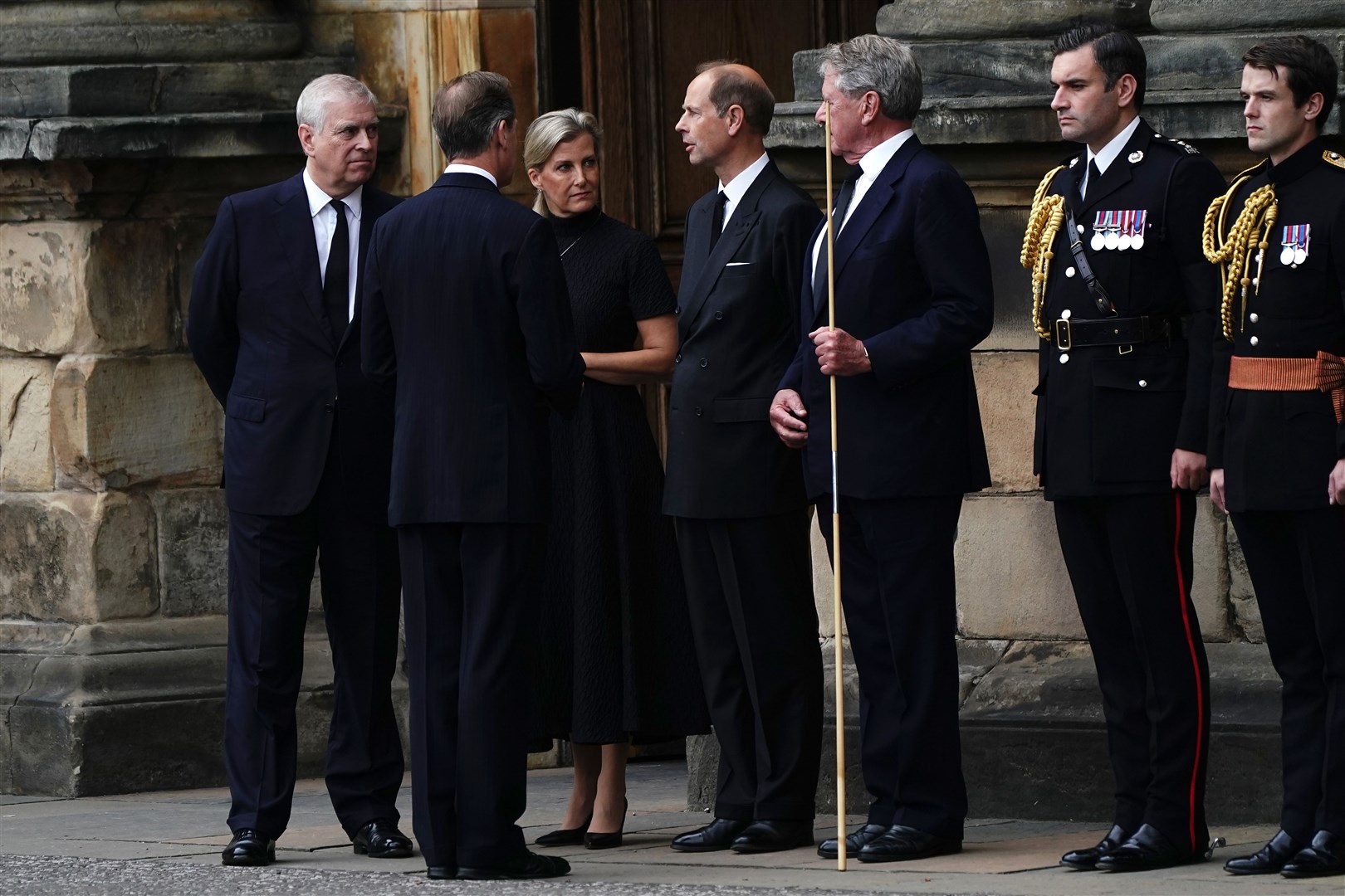 The Duke of York, the Countess of Wessex and the Earl of Wessex received the Queen’s coffin at the Palace of Holyroodhouse in Edinburgh (Aaron Chown/PA)