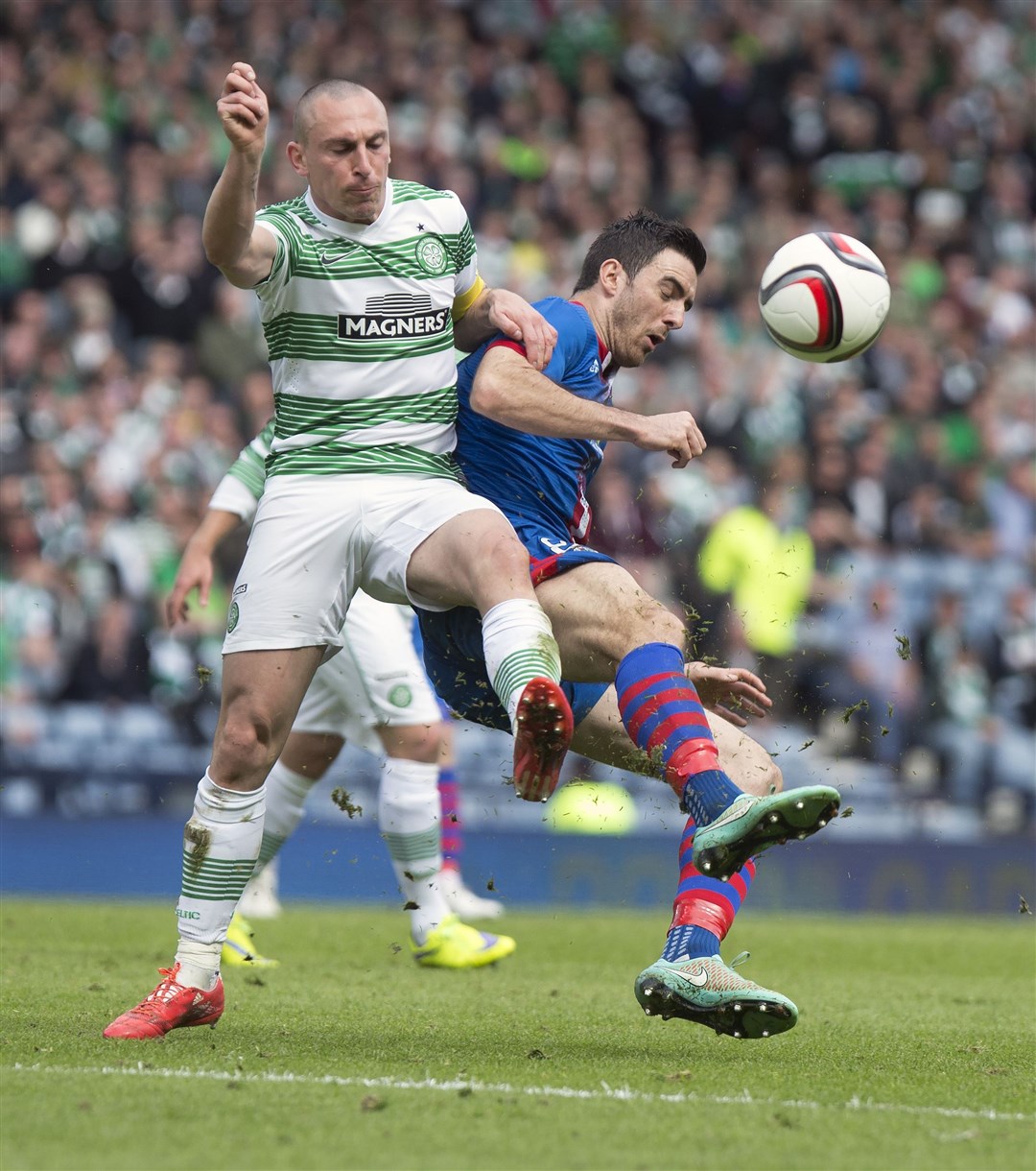 Scottish Cup 2015 semi-final.Celtic's Scott Brown shoves ICT's Ross Draper off the ball in the penalty area. Picture: Ken Macpherson