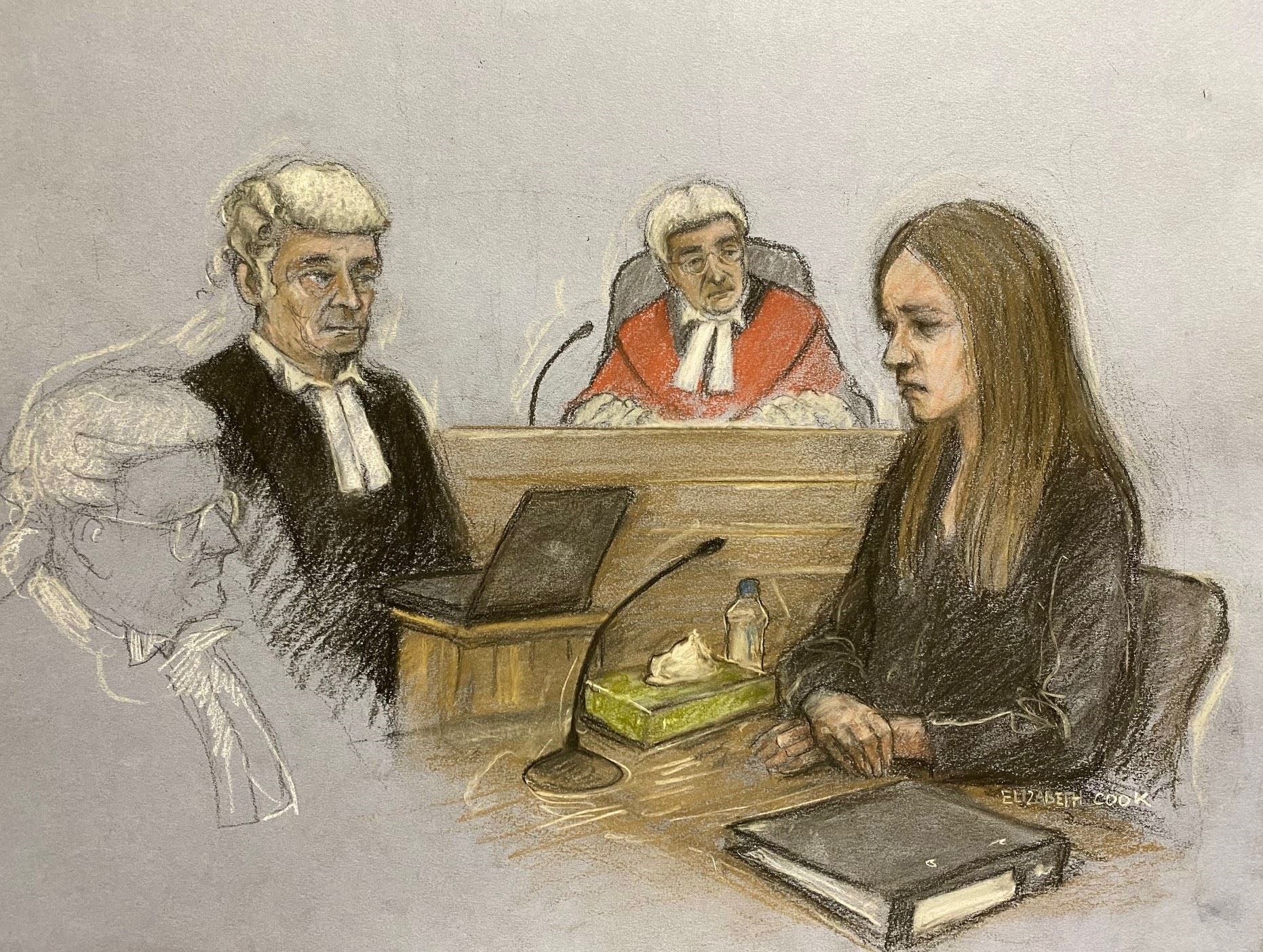 Lucy Letby being questioned by her defence Lawyer Ben Myers in the dock at Manchester Crown Court (Elizabeth Cook/PA Wire)
