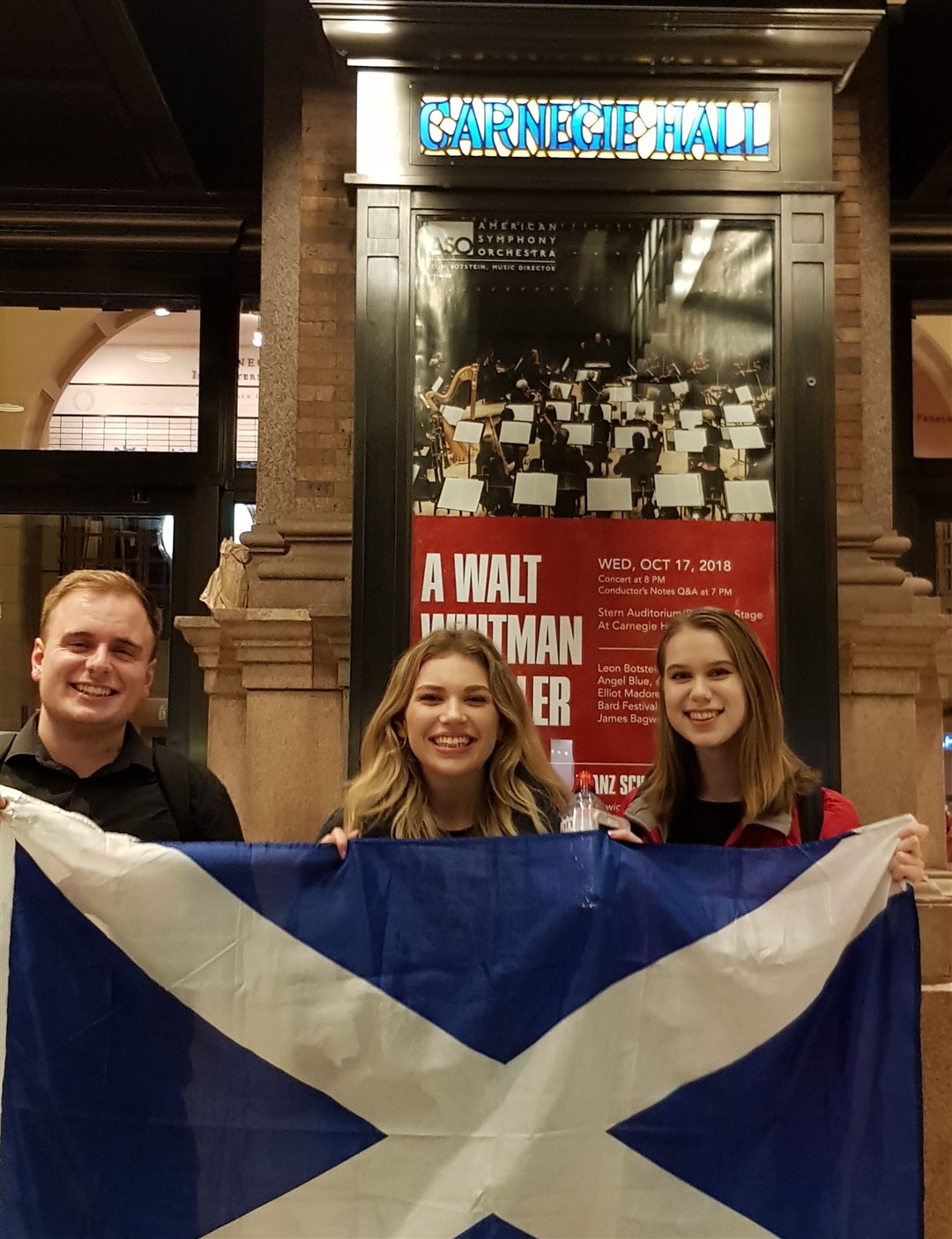 Moray youngsters (from left) Ross Cumming, Erin Ralph and Maria Waszyrowska performed as part of the National Youth Choir of Scotland at the Carnegie Hall in New York City in 2018. The group took to the famous stage with The Orchestra Revolutionnaire et Romantique, conducted by Sir Eliot Gardiner and narrator Simon Callow.