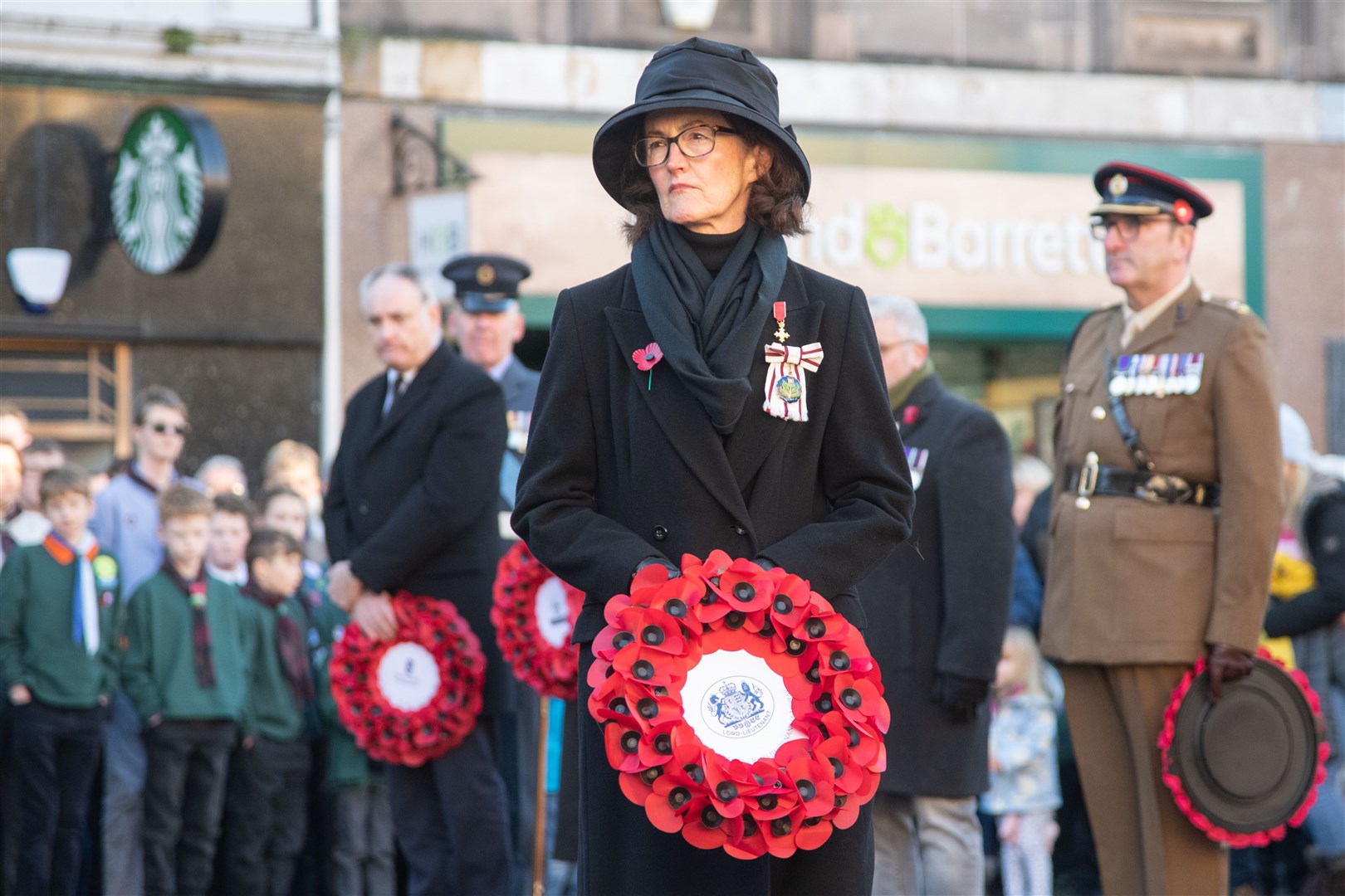 Vice Lord-Lieutenant Nancy Robson...Remembrance Sunday parade and wreath laying on Elgin High Street 2023. ..Picture: Daniel Forsyth..