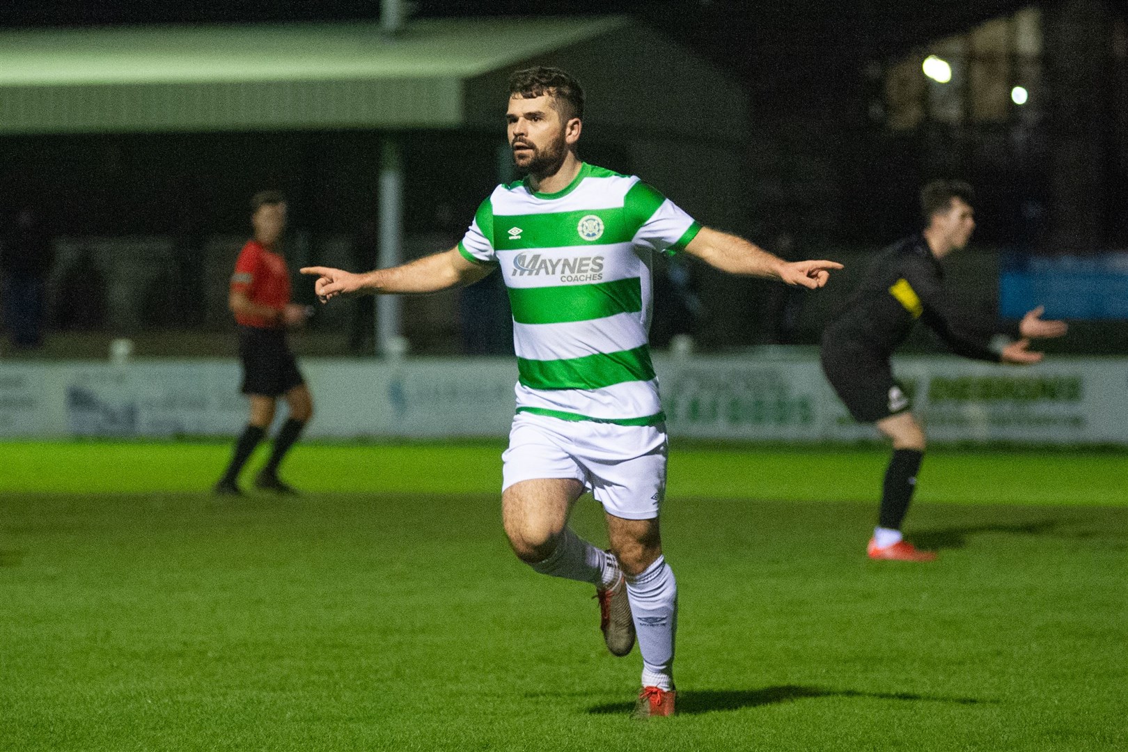 Buckie Thistle's Andy MacAskill celebrates one of his 20 goals this season in all competitions. Picture: Daniel Forsyth..