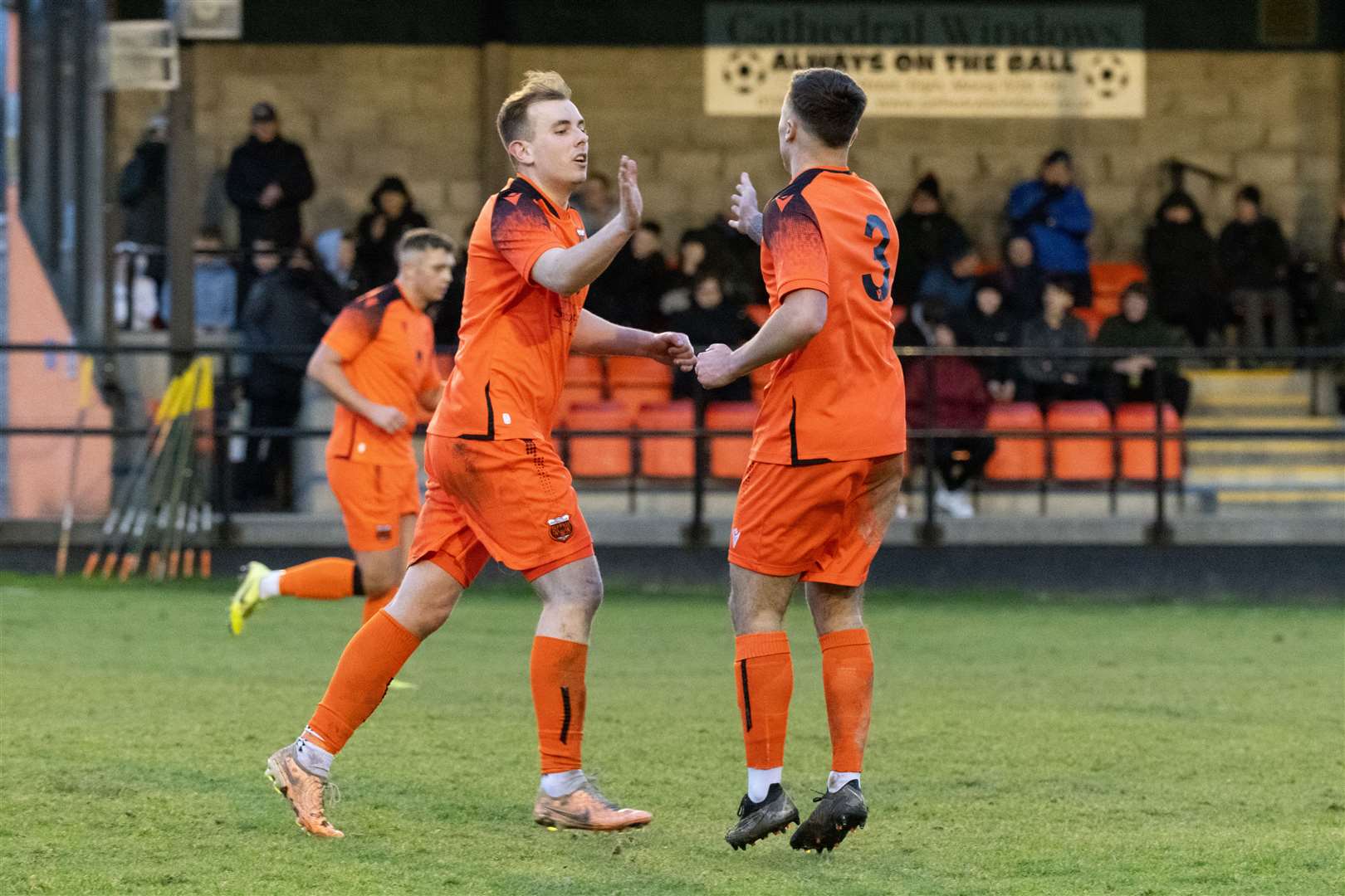 Rothes' Fraser Robertson celebrates Liam McDade's goal. ..Rothes F.C. (1) v Inverurie Locos F.C. (4) at Mackessack Park, Rothes. ..Piture: Beth Taylor.