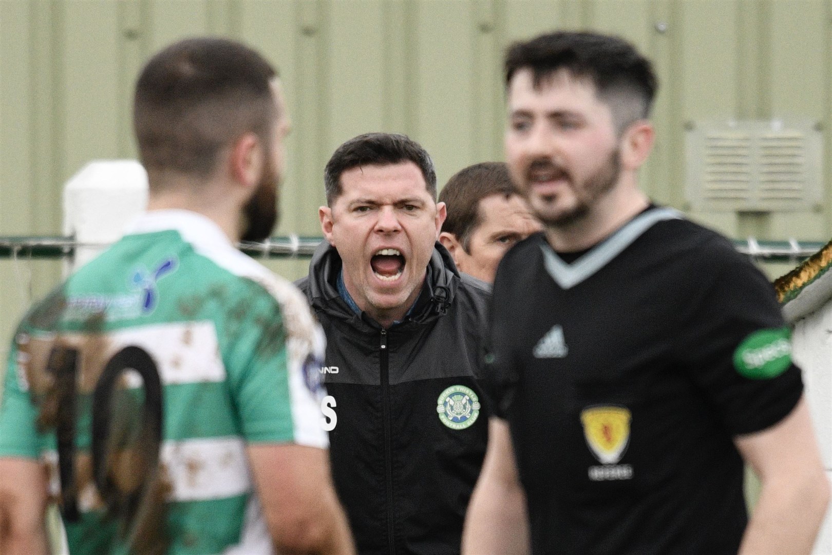 Buckie Thistle boss Graeme Stewart has his say after a foul on Buckie midfielder Andy MacAskill. Picture: Daniel Forsyth