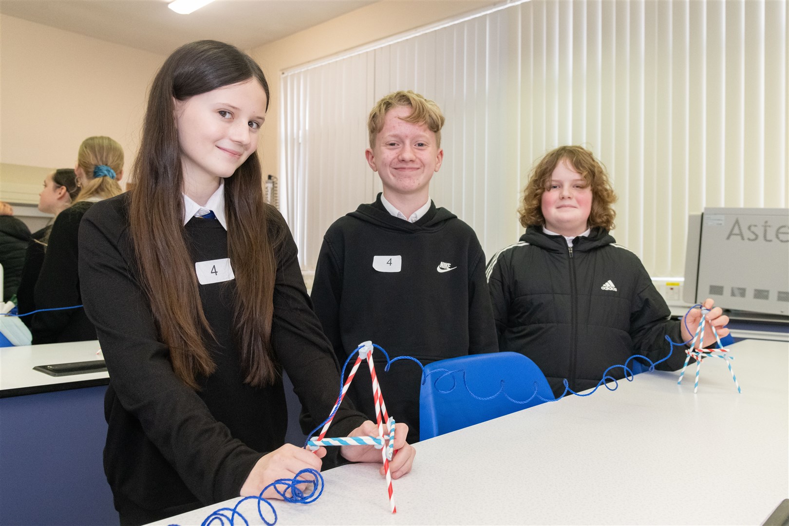 Lossiemouth High School take on the SSEN Transmission workshop where they made pylons from paper straws, string, blue tac and sellotape. Picture: Beth Taylor