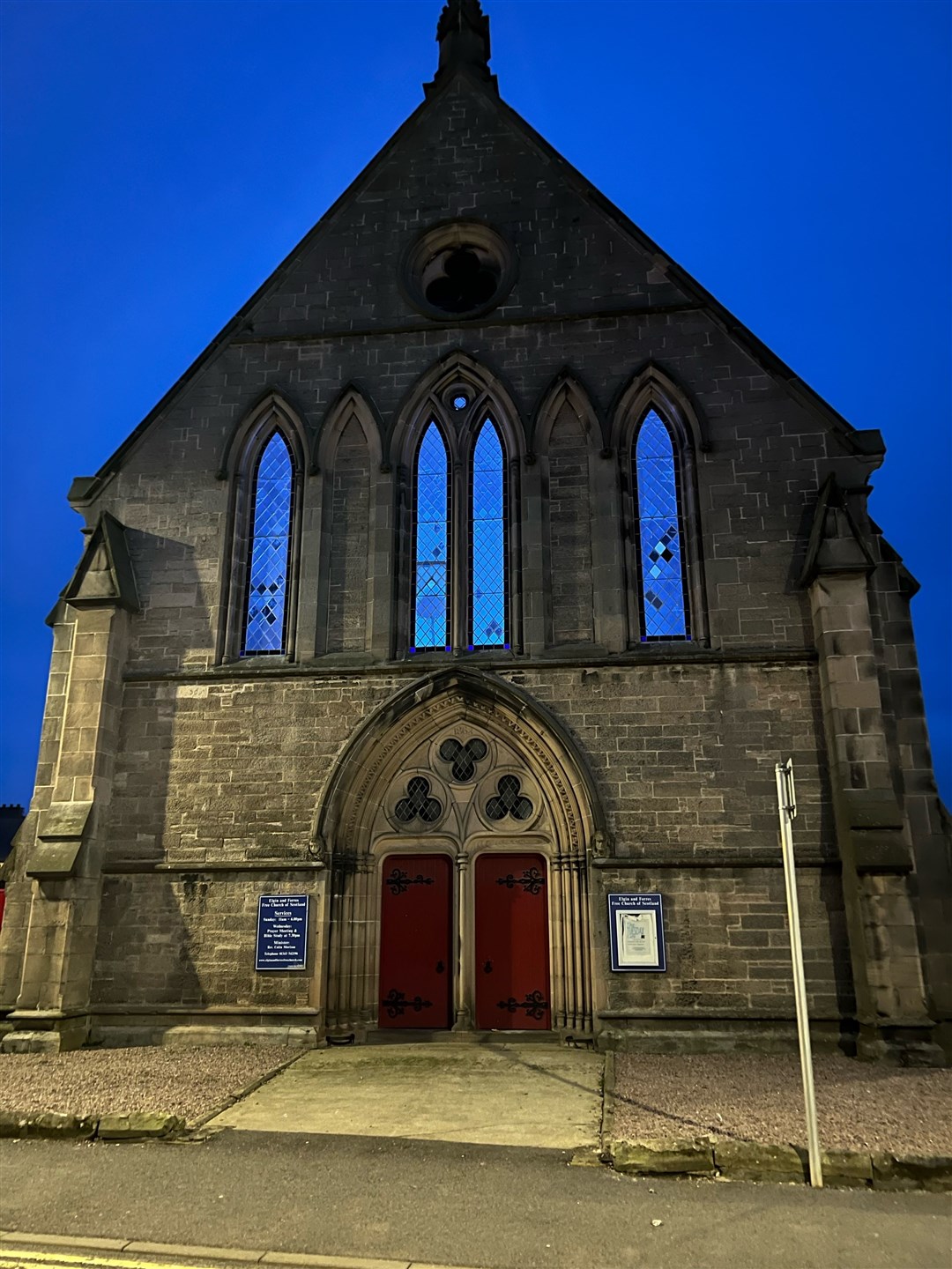 South Street Free Church in Elgin was lit up blue, matching the evening sky.