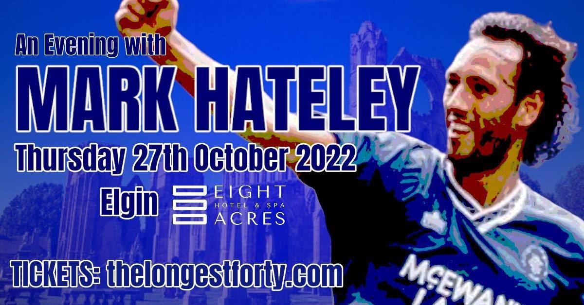 Rangers legend Mark Hateley will speak at The Eight Acres Hotel on Thursday, October 27.