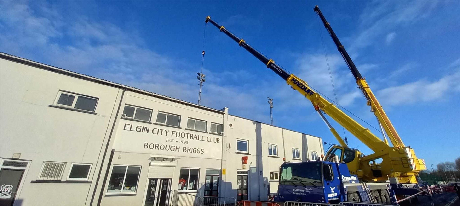 The giant cranes outside Borough Briggs. Picture: Elgin City FC