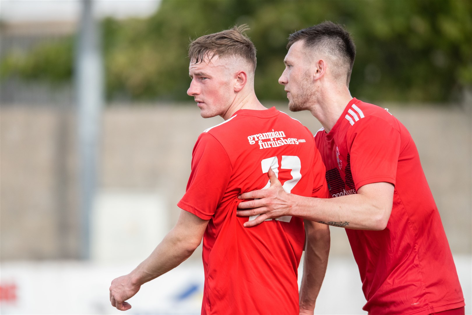 Lossie's Scott Thomson and Dean Stewart...Lossiemouth FC (5) vs Nairn County FC (1) - Highland Football League - Grant Park, Lossiemouth 03/08/2022...Picture: Daniel Forsyth..