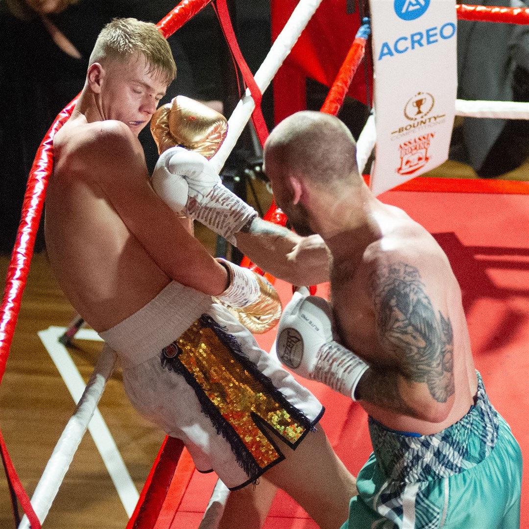 A rare occasion when Corey McCulloch put Fraser Wilkinson on the ropes during Saturday's Scottish super-welterweight title bout. Picture: Daniel Forsyth