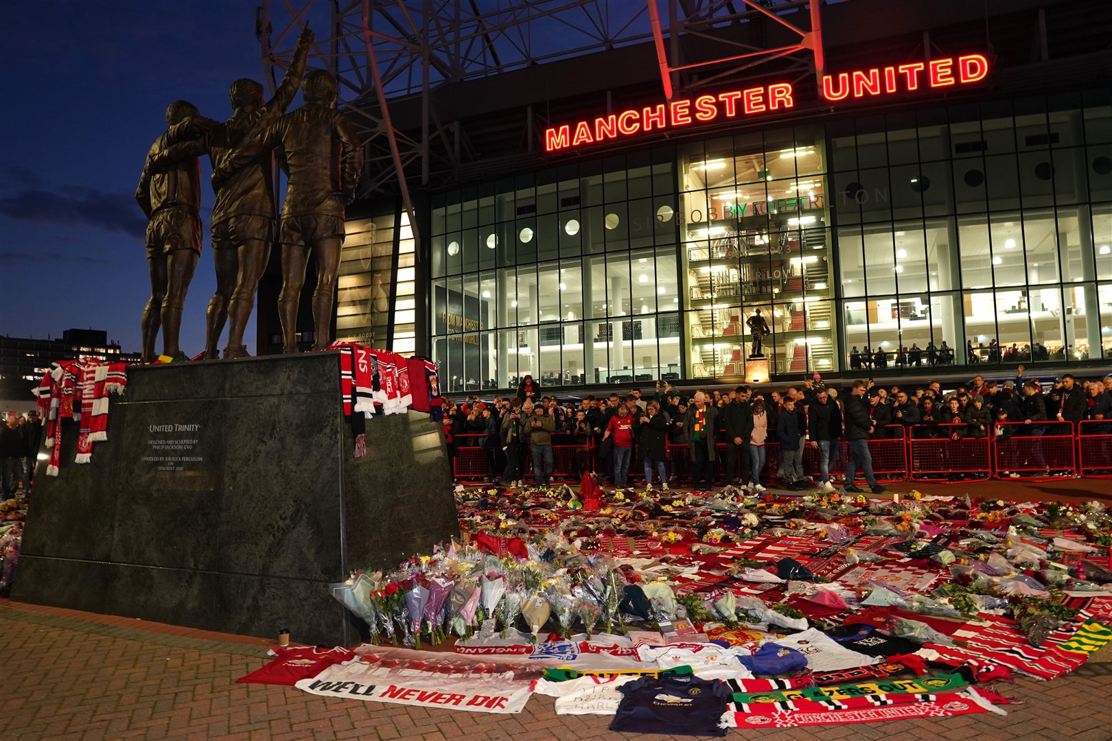 Tributes in memory of Sir Bobby Charlton are laid outside Old Trafford (Nick Potts/)A
