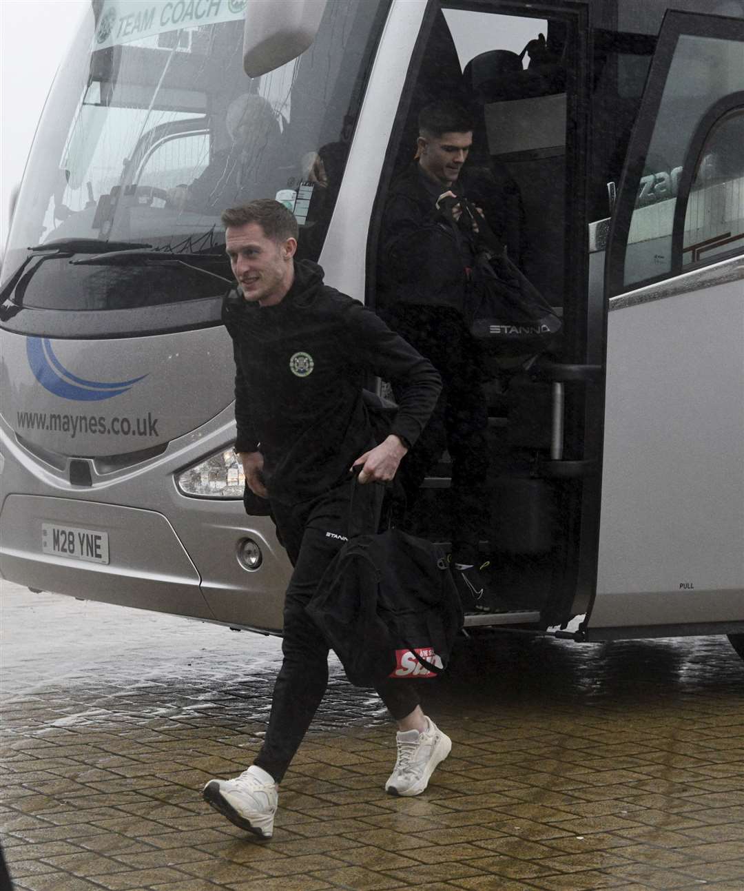 Buckie midfielder and big Celtic fan Dale Wood arrives at the stadium. Picture: Daniel Forsyth
