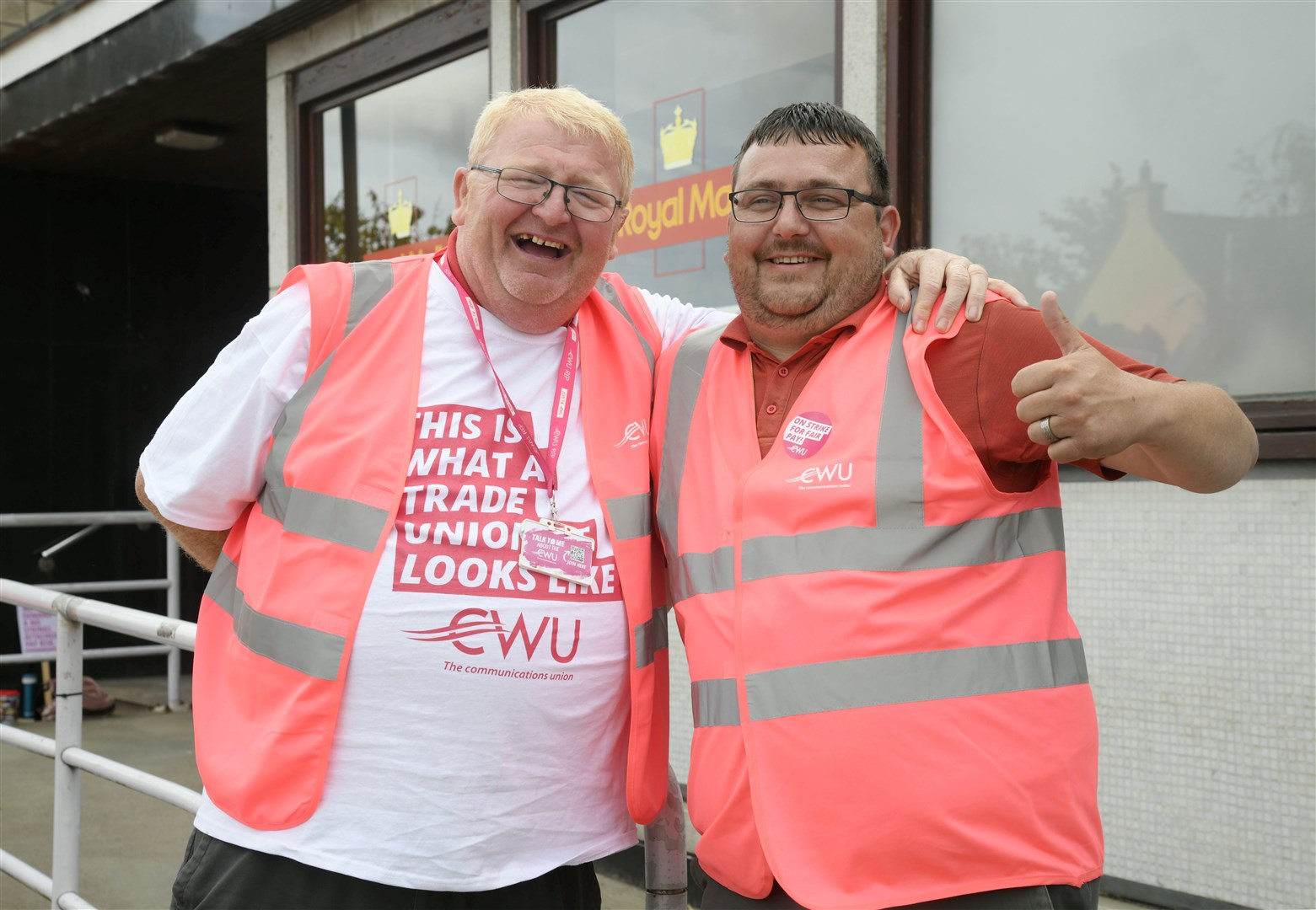 CWU industrial relations representative Steven Falconer and deputy representative Kenny Henderson outside the Royal Mail delivery office...Picture: Beth Taylor.