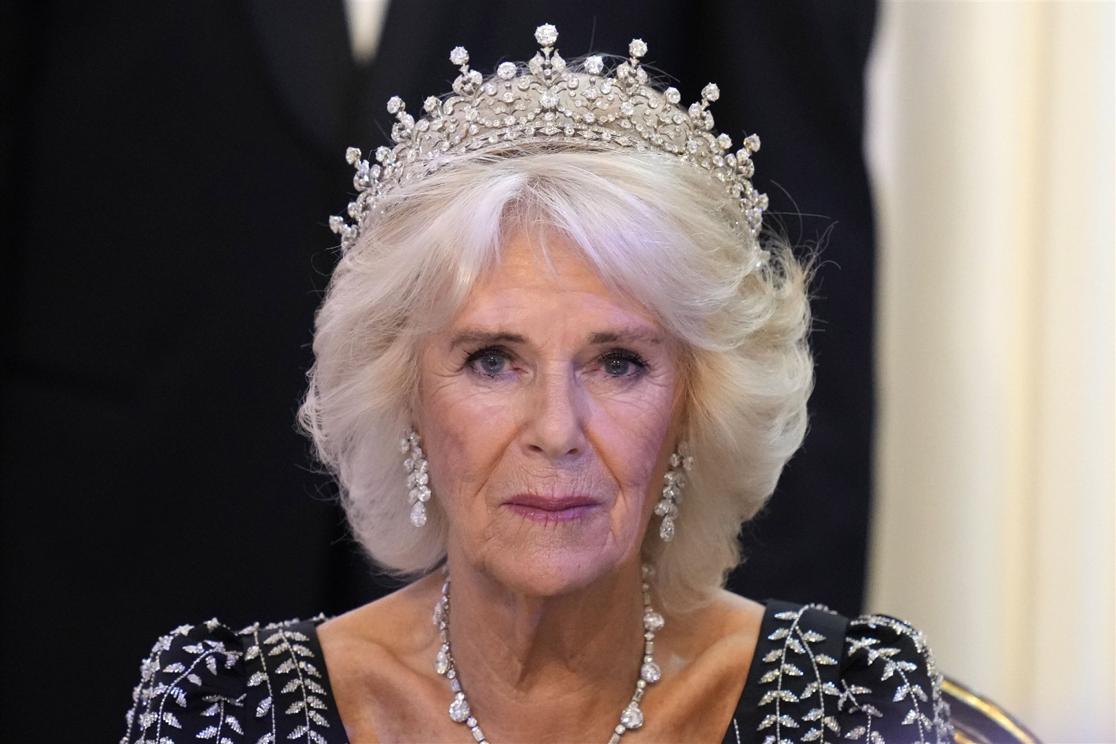 Queen Camilla wore the Girls of Great Britain and Ireland tiara to the City of London event. Kirsty Wigglesworth/PA