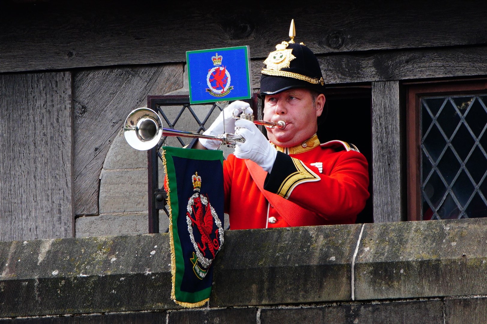 A trumpeteer sounds a fanfare during an Accession Proclamation Ceremony at Cardiff Castle, Wales (Ben Birchall/PA)