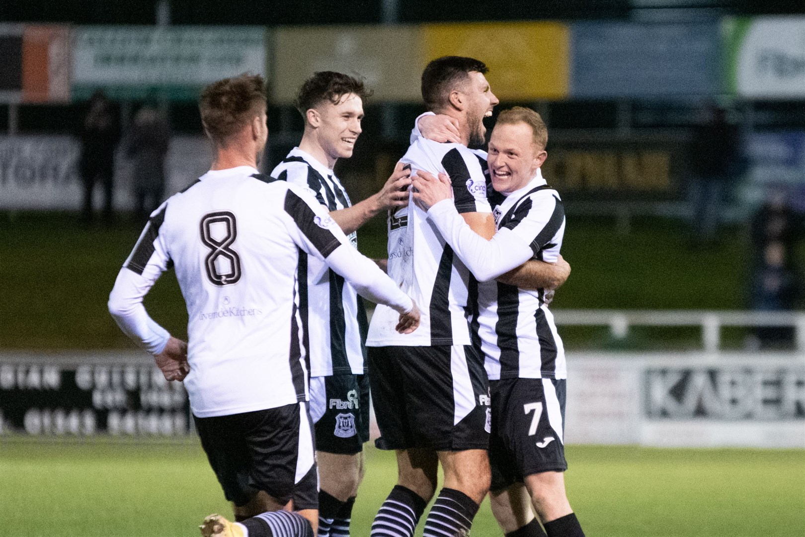 Elgin City's Russell Dingwall is congratulated after he scores a first half equaliser for the home side. ..Elgin City FC (2) vs Clyde FC (1) - SPFL League Two 2023/24 - Boroigh Briggs, Elgin 30/01/2024...Picture: Daniel Forsyth..