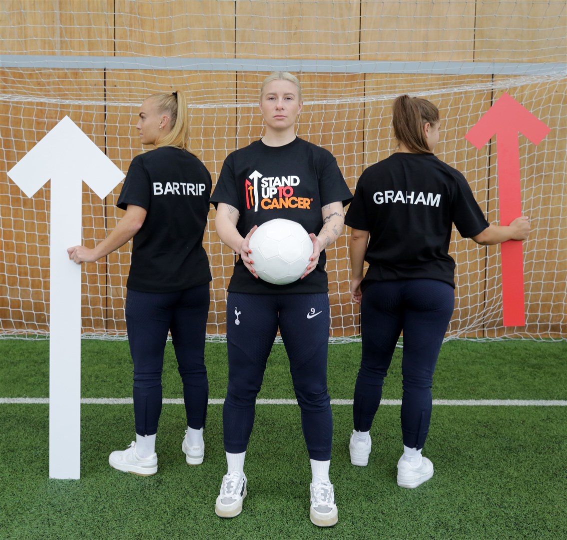 Bethany England (centre) and Spurs teammates Molly Bartrip (left) and Kit Graham (right) back the Stand Up To Cancer campaign by Cancer Research UK and Channel 4 (Cancer Research UK)