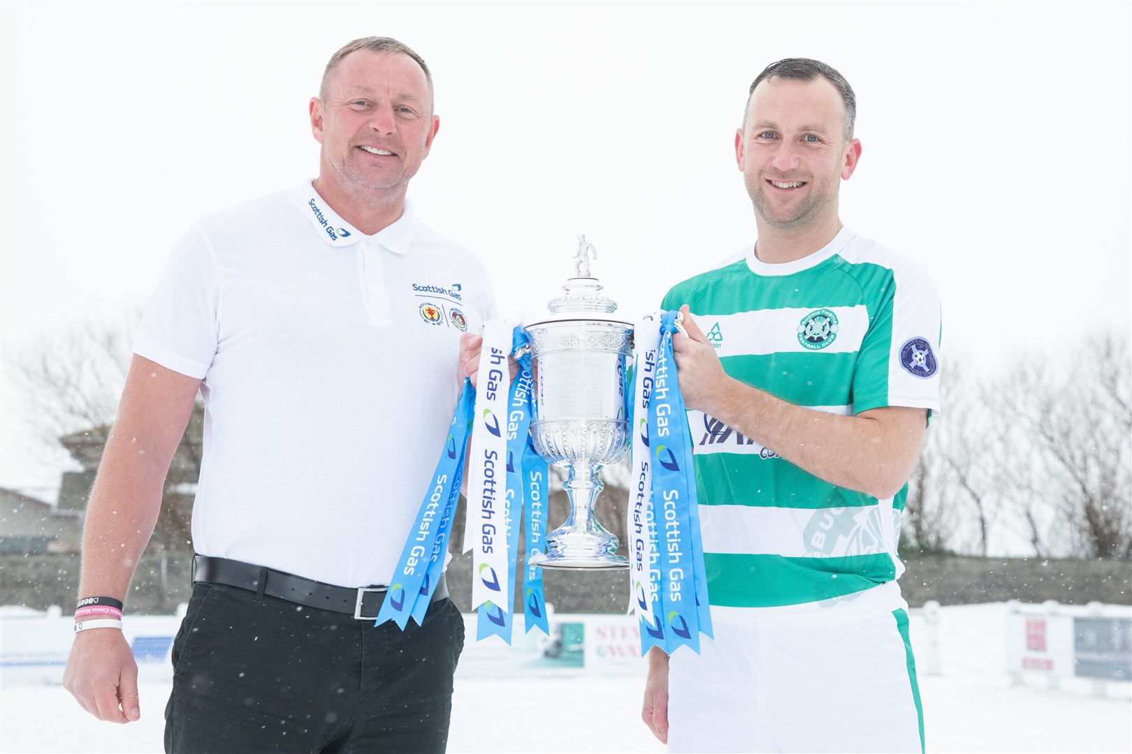 Former Celtic goalkeeper and three time Scottish Cup winner Rab Douglas (left) and Buckie Thistle striker John McLeod...The Scottish Gas Scottish Cup arrives at a snow-covered Victoria Park ahead of Buckie Thistle's fouth round match with Glasgow Celtic...Picture: Daniel Forsyth..