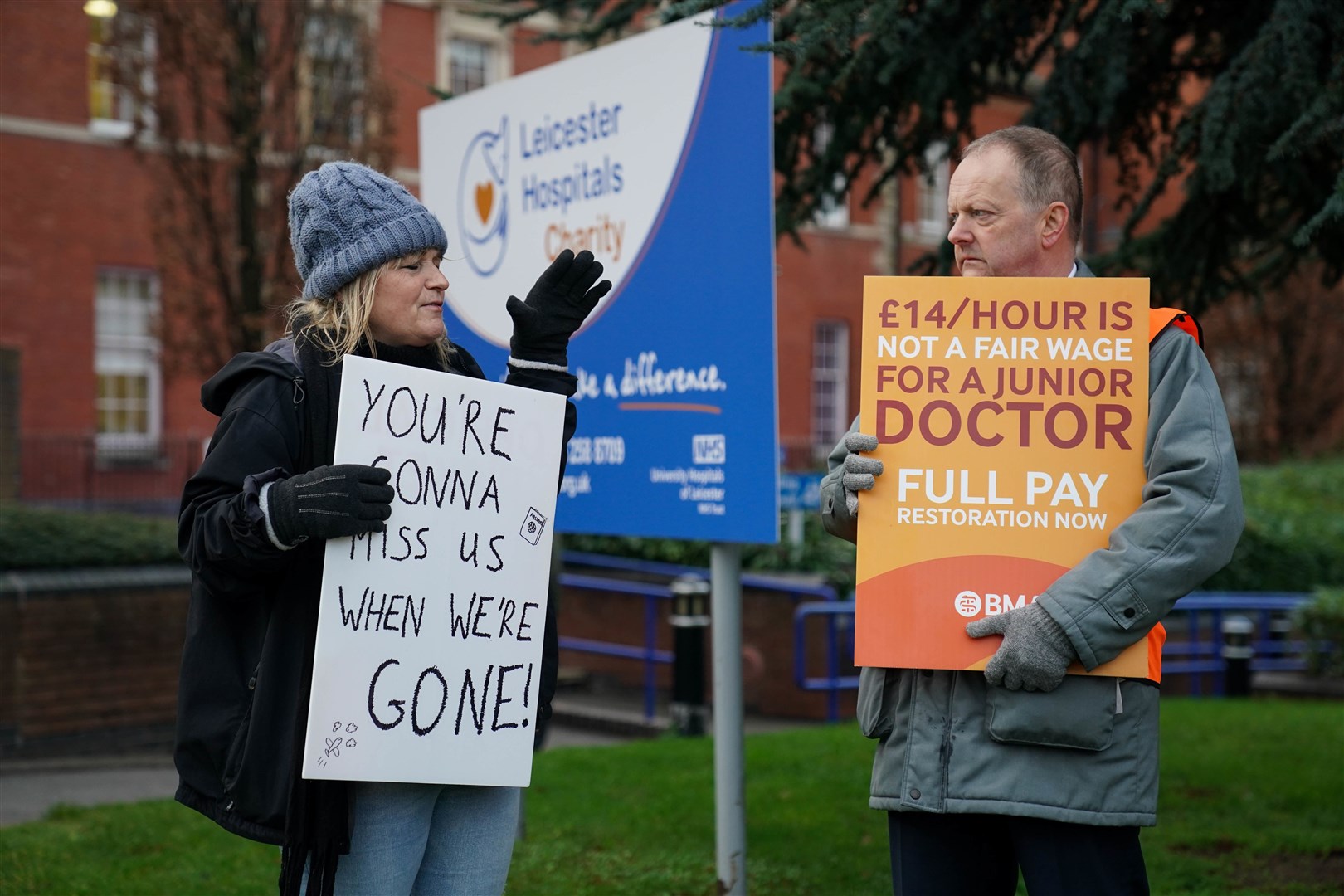 Junior doctors and members of the British Medical Association (BMA) on the picket line outside Leicester Royal Infirmary during their continuing dispute over pay. Picture date: Thursday December 21, 2023.
