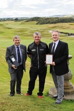 Paul Lawrie meets Moray Golf Club secretary Stevie Grant (left) and club captain John Thomson during his visit to the Lossiemouth links.