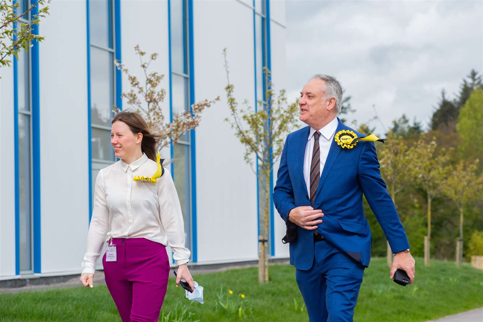 Richard Lochhead, Moray's SNP MSP, arrives at the Regional Count on Saturday morning with his agent Laura Mitchell following a period of precautionary self-isolation...Moray's 2021 Scottish Election...Picture: Daniel Forsyth.