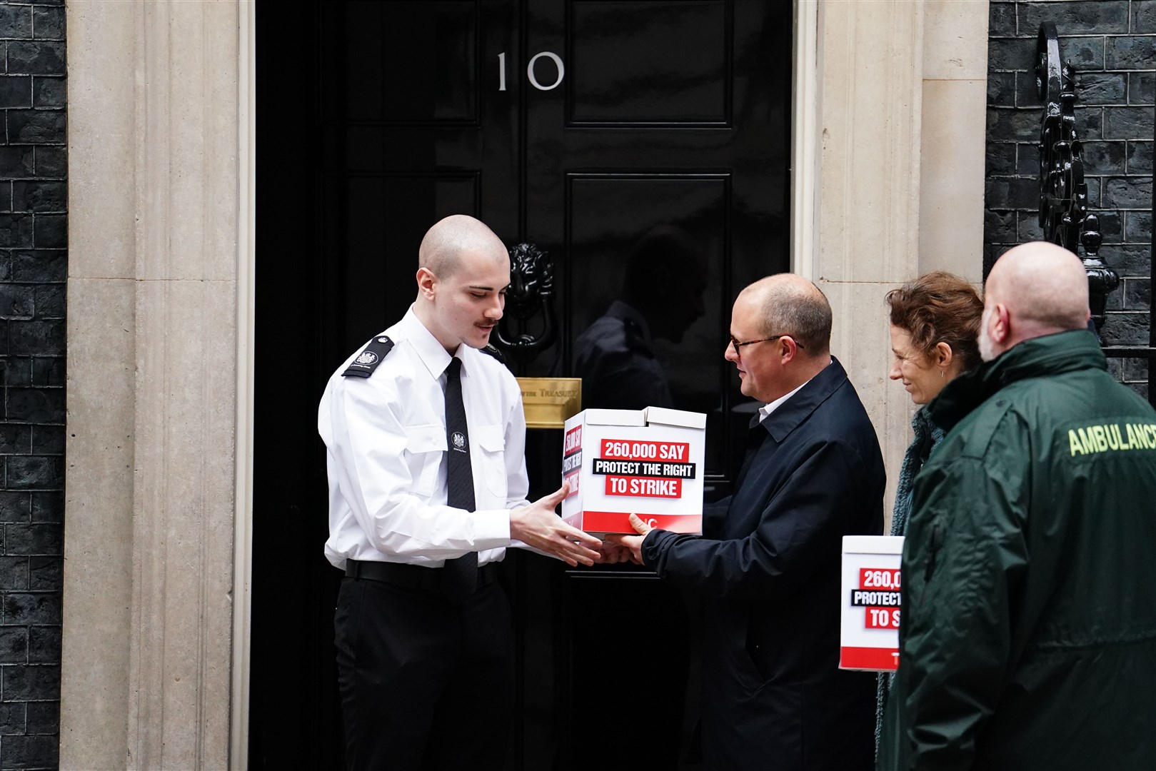 Paul Nowak, general secretary of the TUC, was joined by representatives of the Fire Brigades Union and the NHS Ambulance Service as they handed in a mass petition against the Government’s controversial plans for a new law on minimum service levels during strikes to 10 Downing Street (Jordan Pettitt/PA)